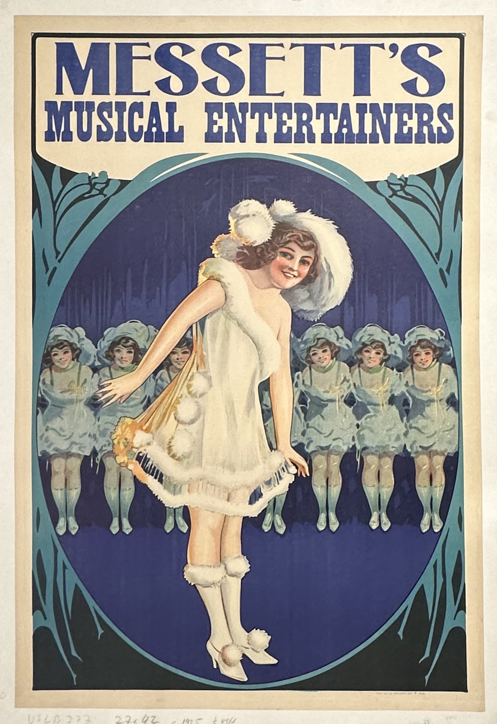 Girl bows slightly in white costume with other dancers in a line behind her in blue floral frame.