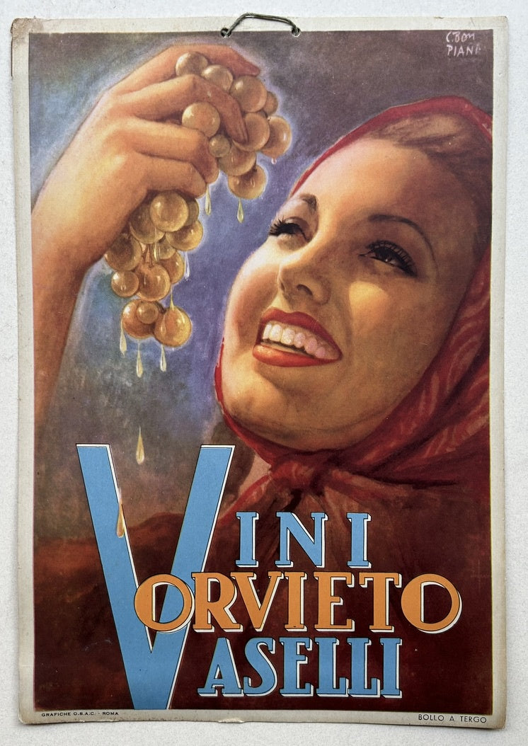 This vintage Italian wine poster advertises Vini Vaselli Orvieto. It features a smiling woman with a red headscarf holding a bunch of grapes. The text on the poster includes "Vini Orvieto Aselli" and "Bompiani."