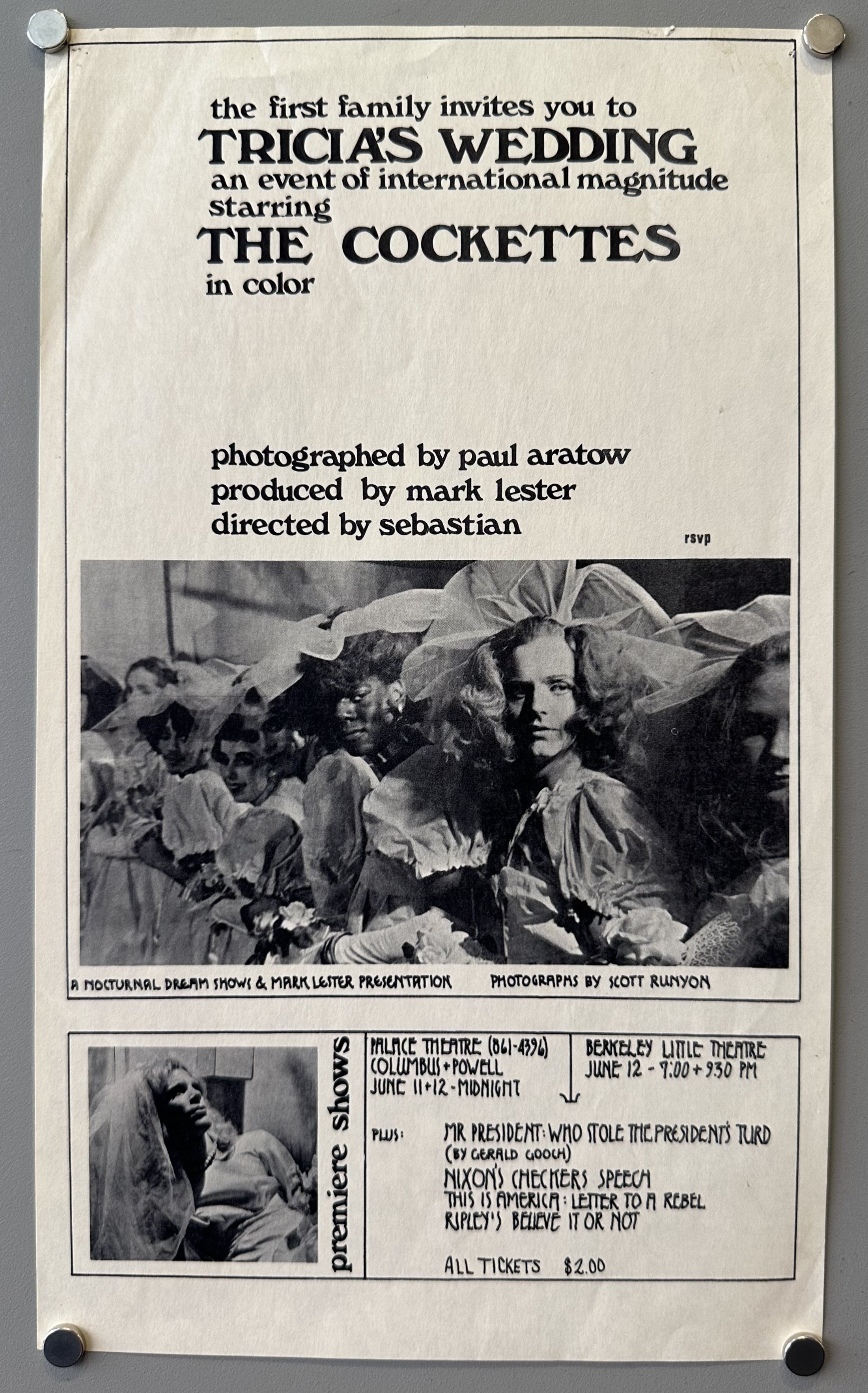 A poster for "Tricia's Wedding" starring The Cockettes, an event of international magnitude. The poster features text describing the film's details: "photographed by paul aratow," "produced by mark lester," "directed by sebastian." It includes two black and white photographic stills from the film; one larger image showing a group of performers in elaborate costumes, and a smaller image below it showing a performer in a wedding dress.