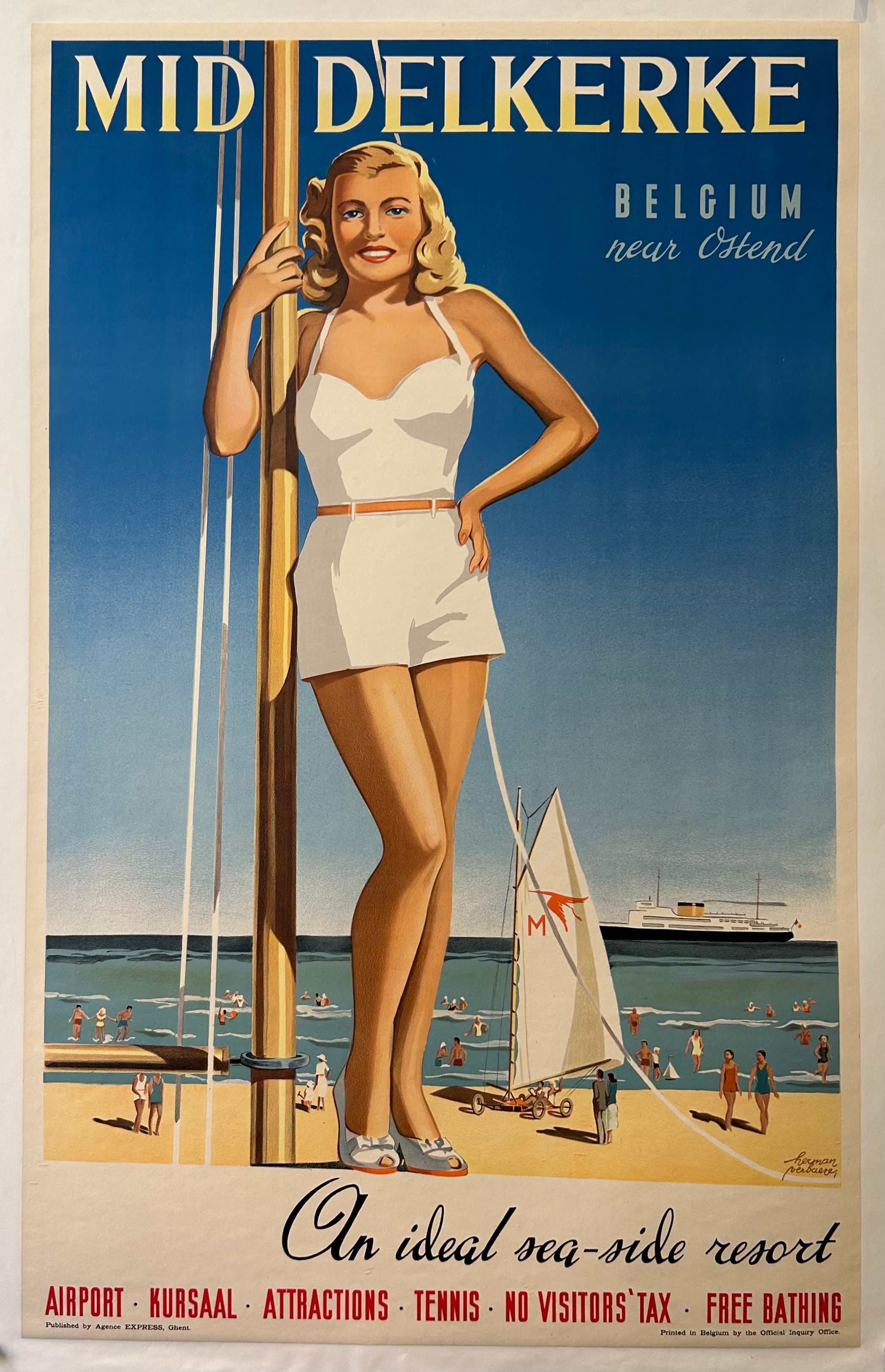 Vintage travel poster for Mid-Deinkerke, Belgium featuring a woman on a beach.