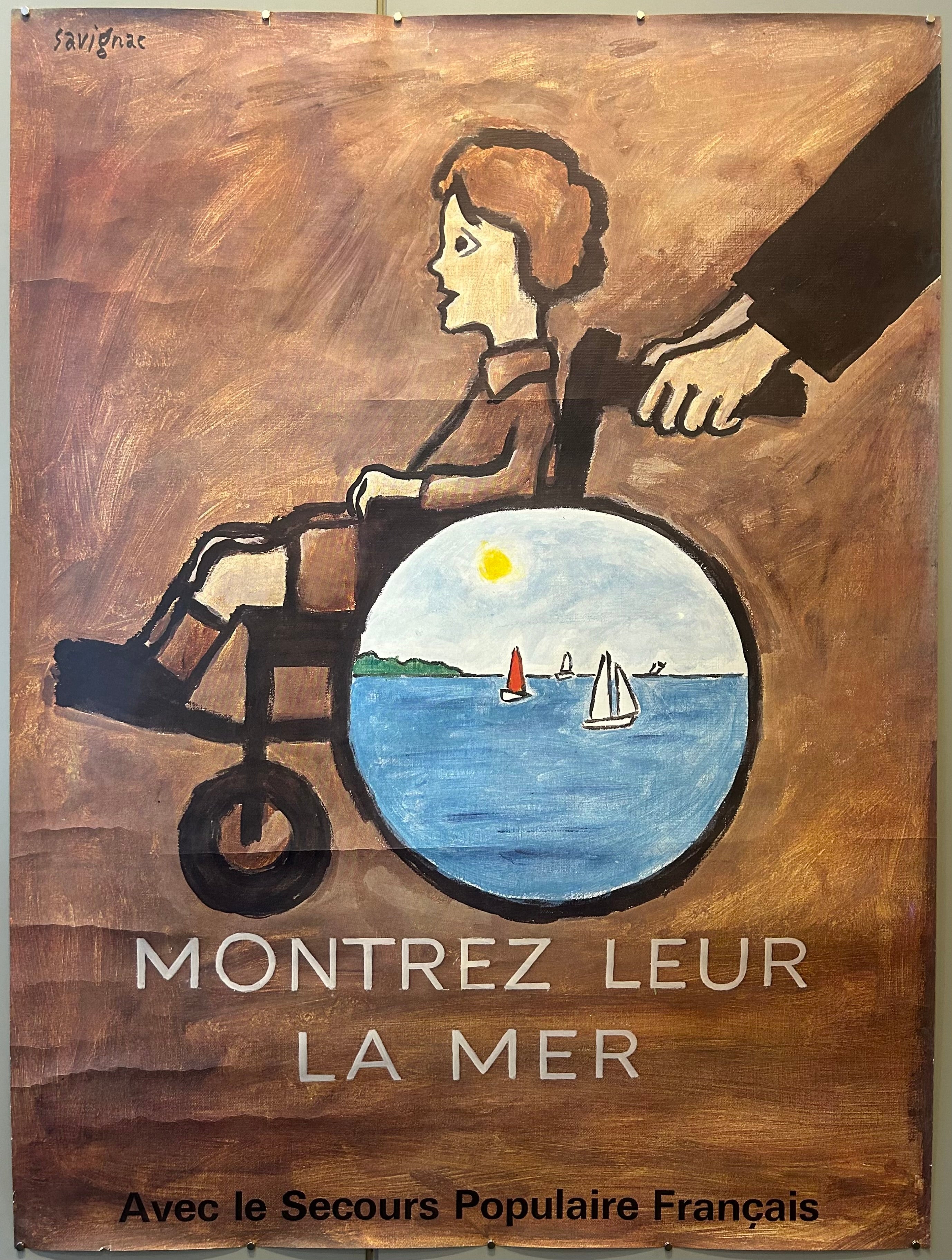 Poster of a young boy in a wheelchair with the ocean drawn in the wheel for French Aid organization.