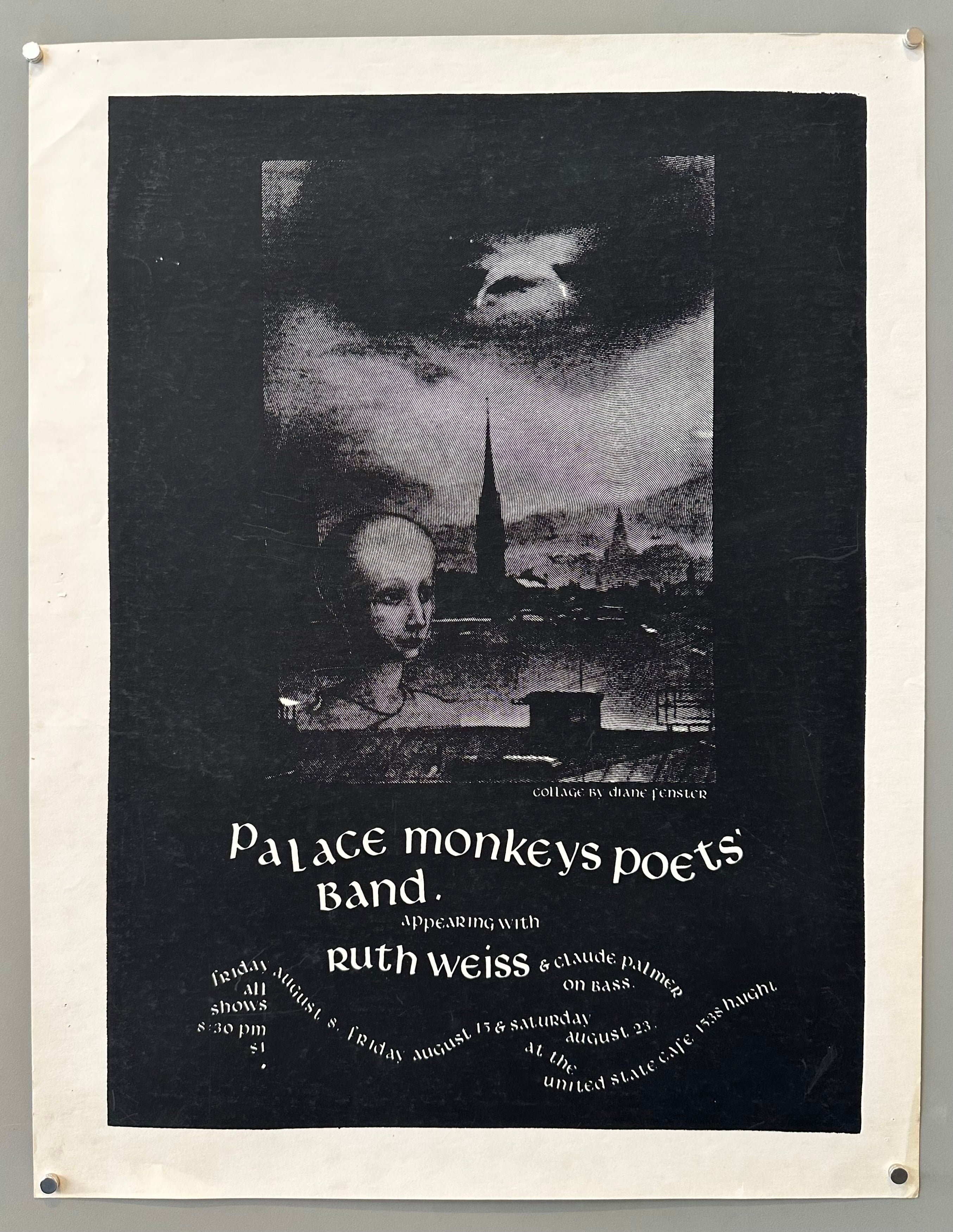Palace Monkeys Poets' Band event poster from 1975 featuring a black and white collage by Diane Fenster.