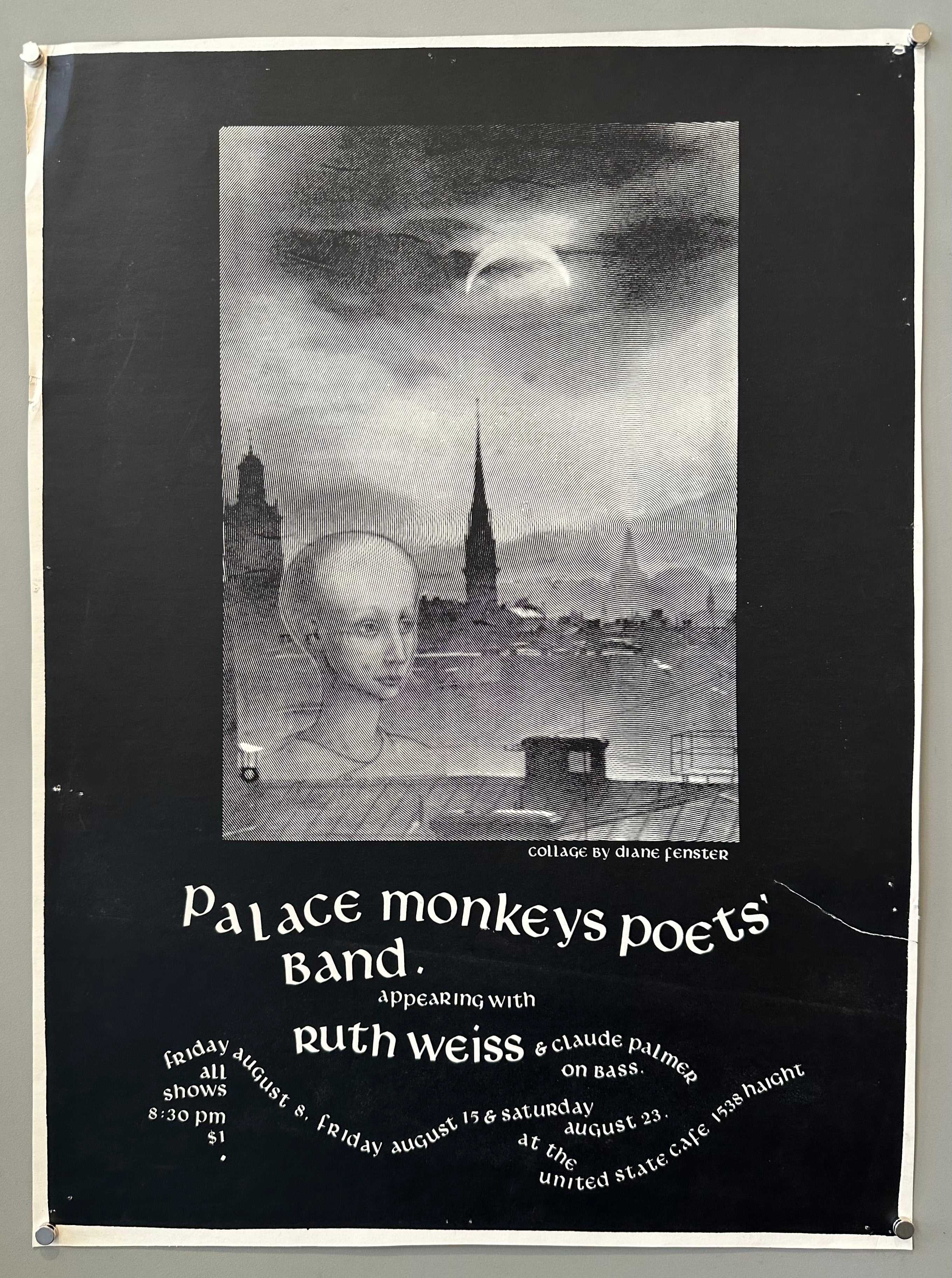 Palace Monkeys Poets' Band event poster from 1975 featuring a black and white collage by Diane Fenster.