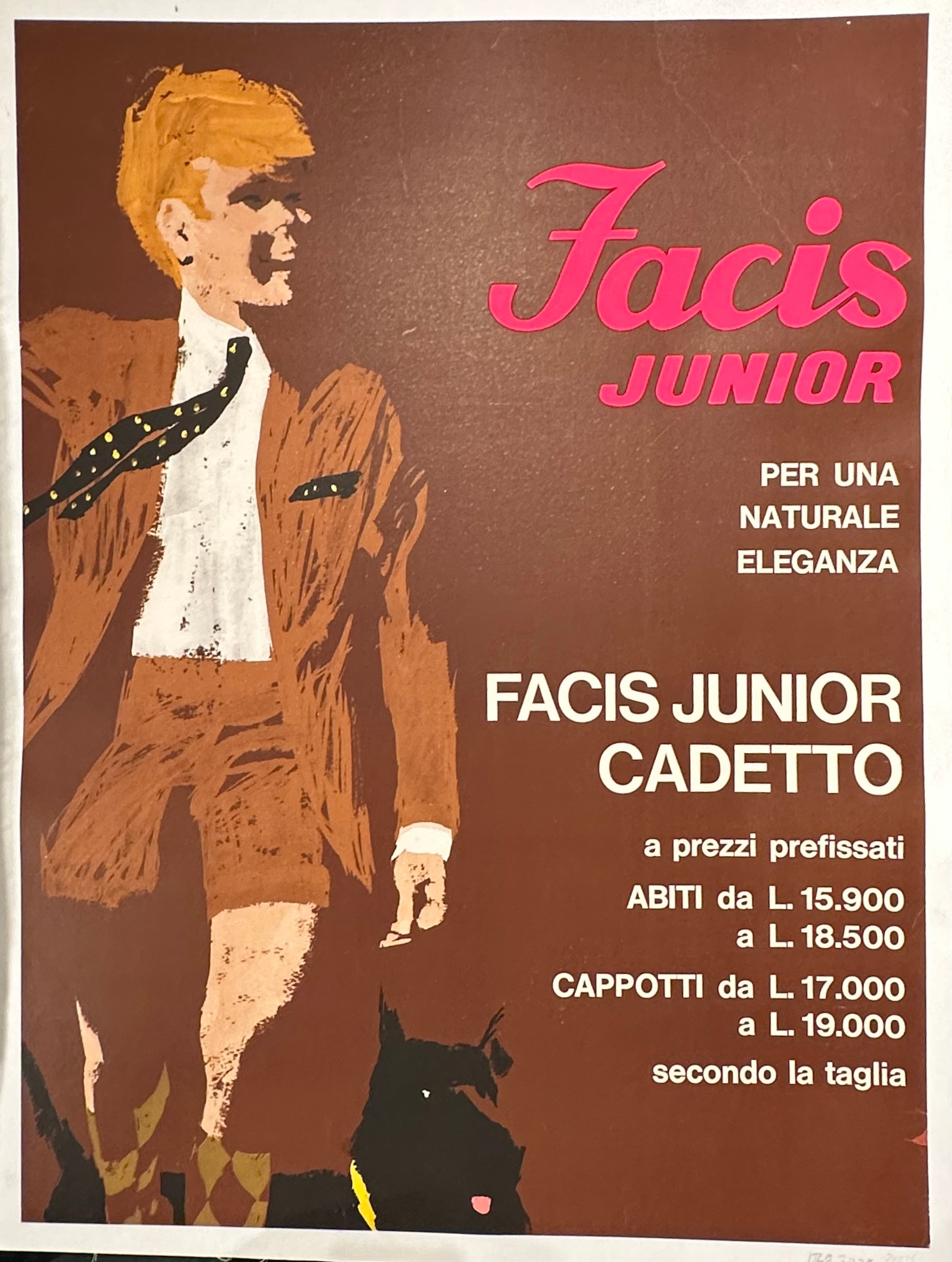 Brown poster featuring illustration of a man in a brown suit with a dog next to him, pink and white text along right-hand side.