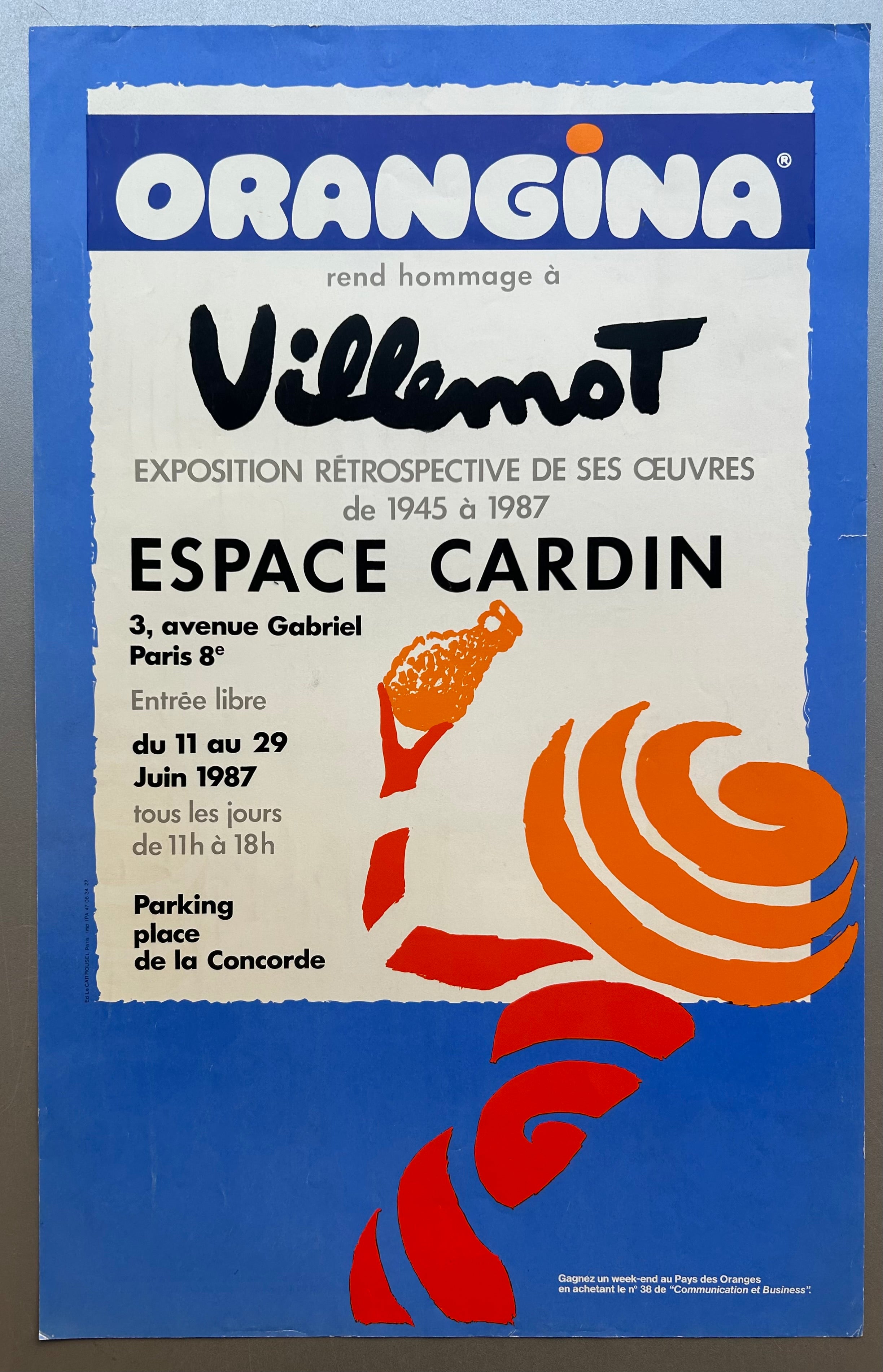 Vintage Orangina advertisement poster featuring graphic designer Villemot, with exhibition details and a distinctive orange and blue color scheme.