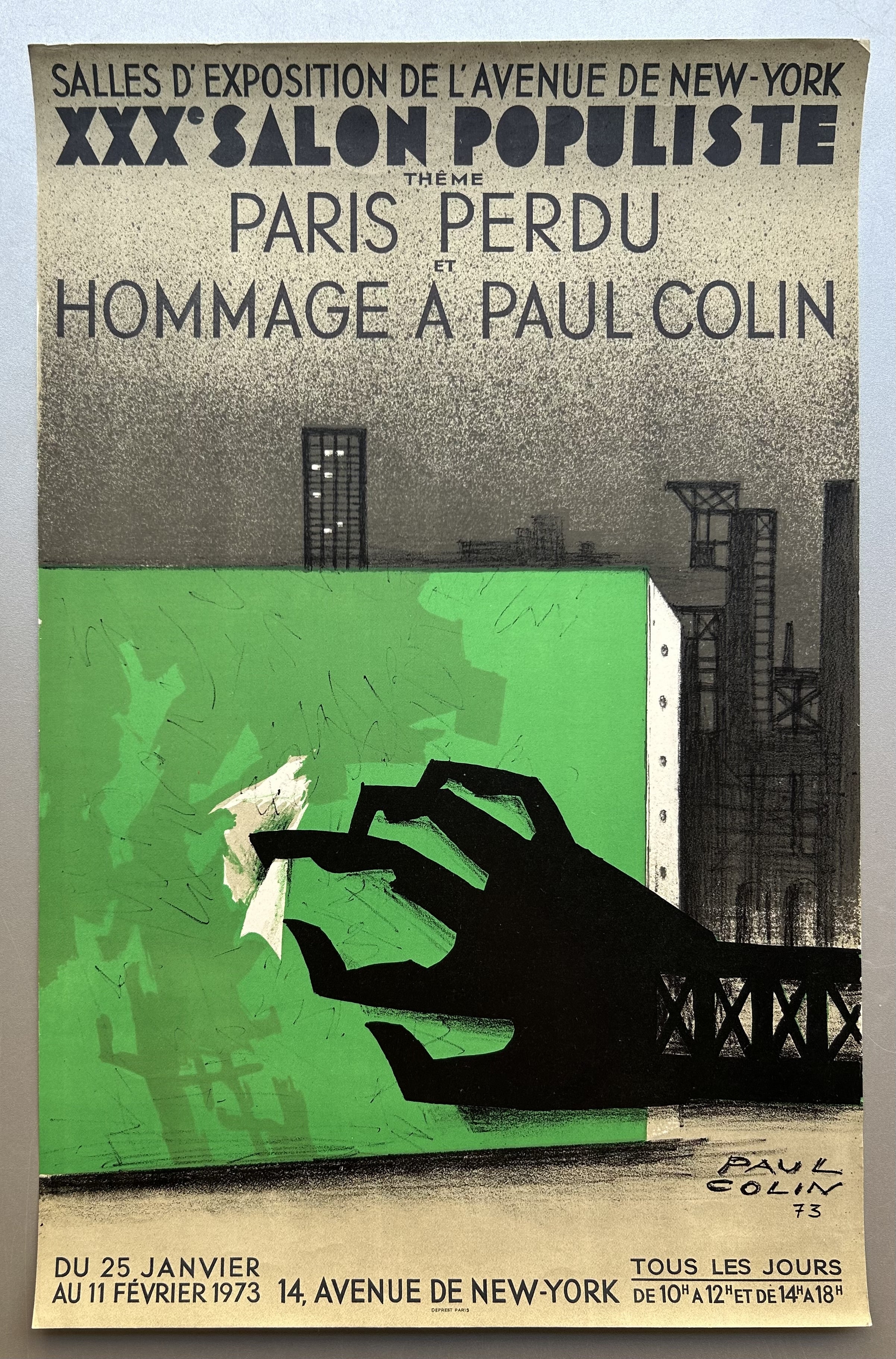 Paul Colin designed poster of a hand raking across a green board with industrial backdrop for an exhibition of his own work.