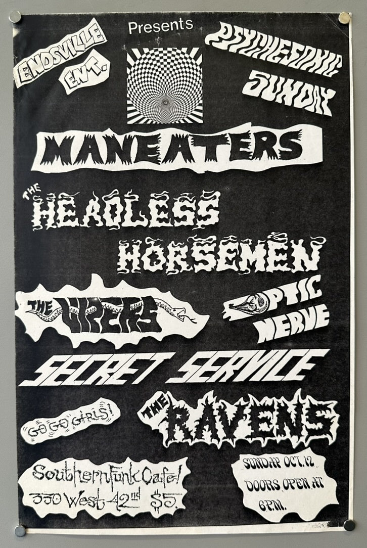 A black poster with white text advertising a music event. The top reads "ENDSVILLE Presents" with a swirling optical illusion graphic between the words. Below that, various band names are listed in different stylized fonts: "MANEATERS", "THE HEADLESS HORSEMEN", "THE VIPERS", "OPTIC NERVE", "SECRET SERVICE", and "THE RAVENS".
