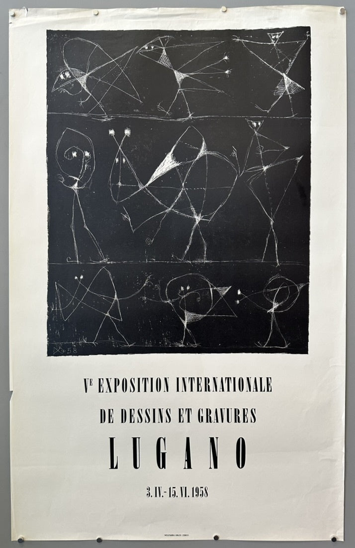 The poster advertises the "V Exposition Internationale de Dessins et Gravures" (5th International Exhibition of Drawings and Engravings) held in Lugano, Switzerland, from April 3rd to June 15th, 1958.
