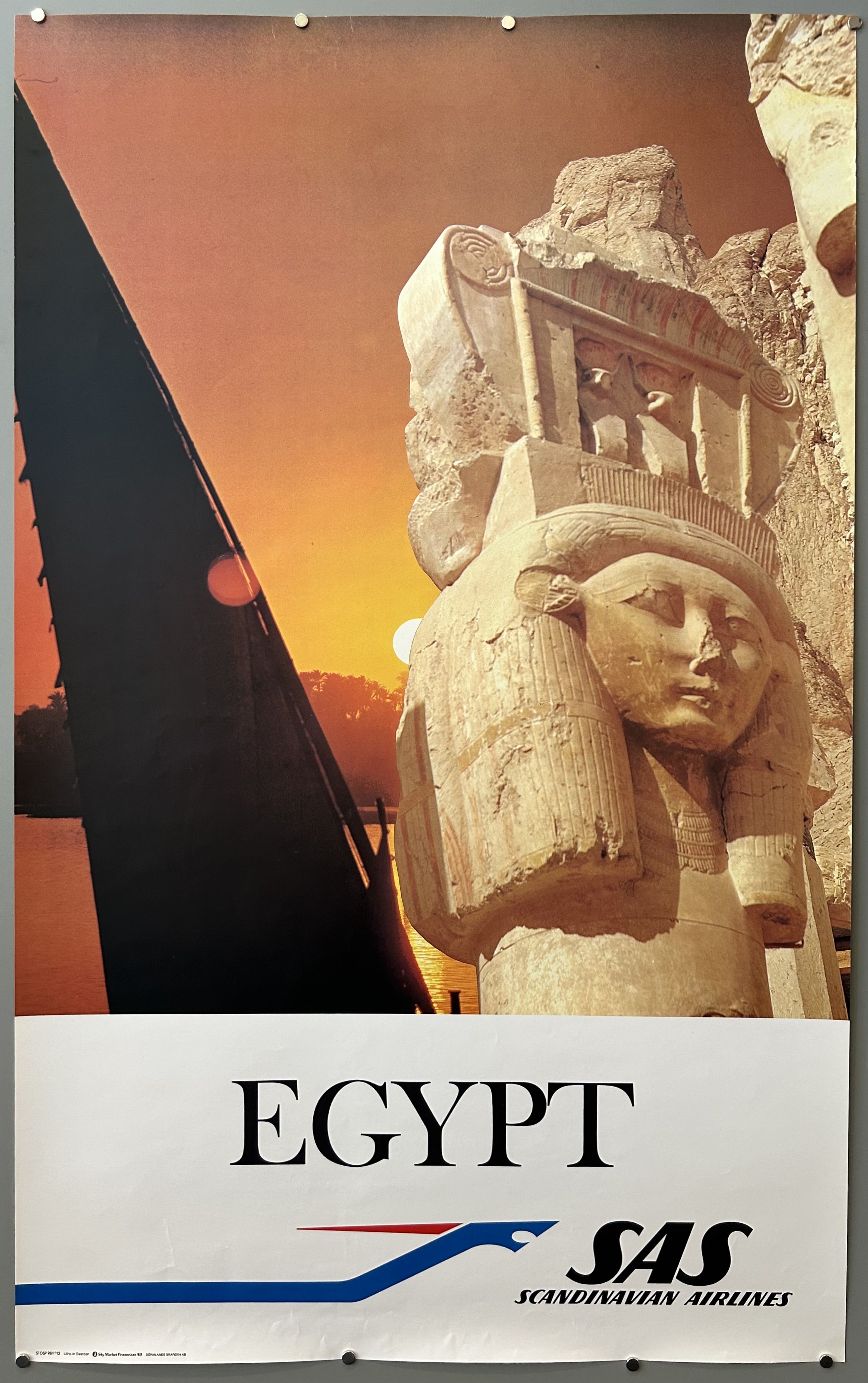 Collage of photos in vintage travel poster from SAS promoting flights to Egypt, text is along bottom against white border.