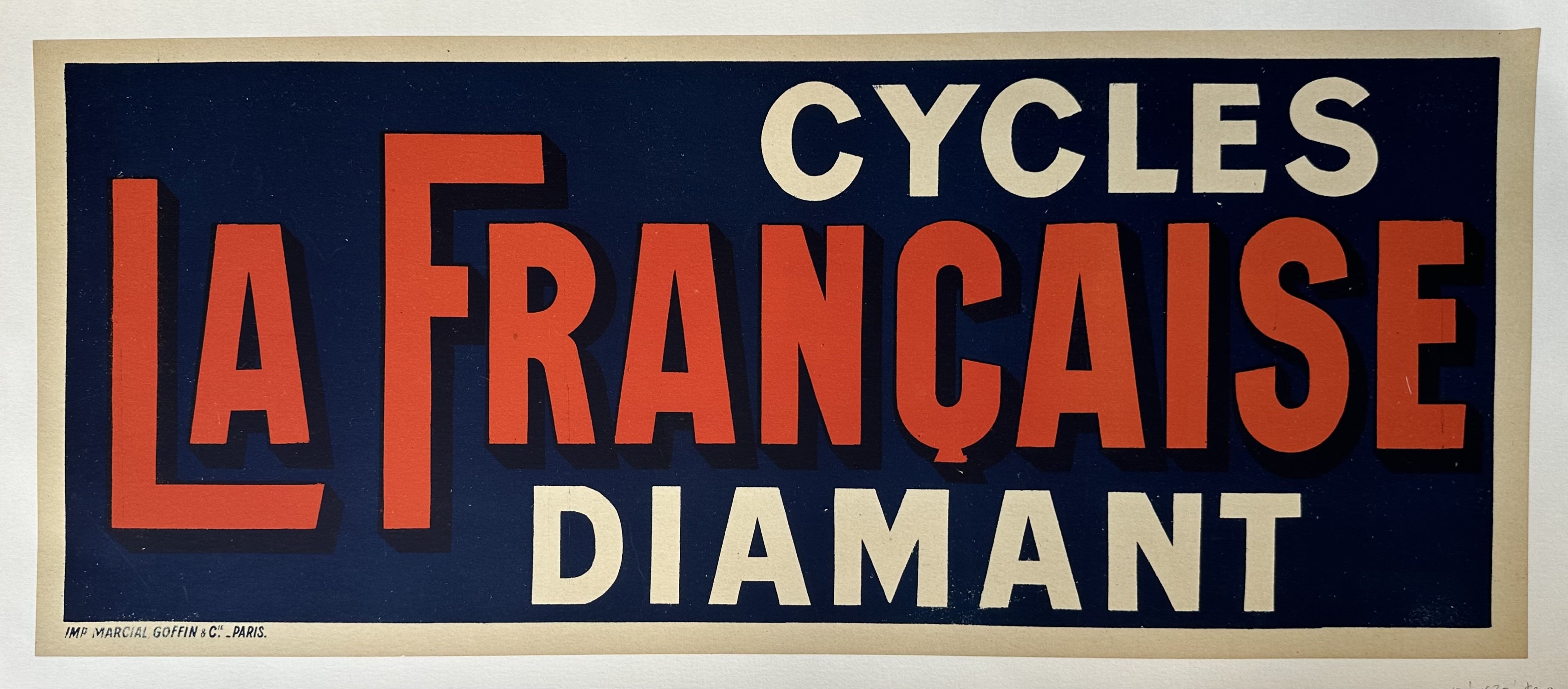 A vintage poster for Cycles La Francaise Diamant bicycles features bold red and white text on a blue background, with "Cycles La Francaise" in a large, stylized font above "Diamant."