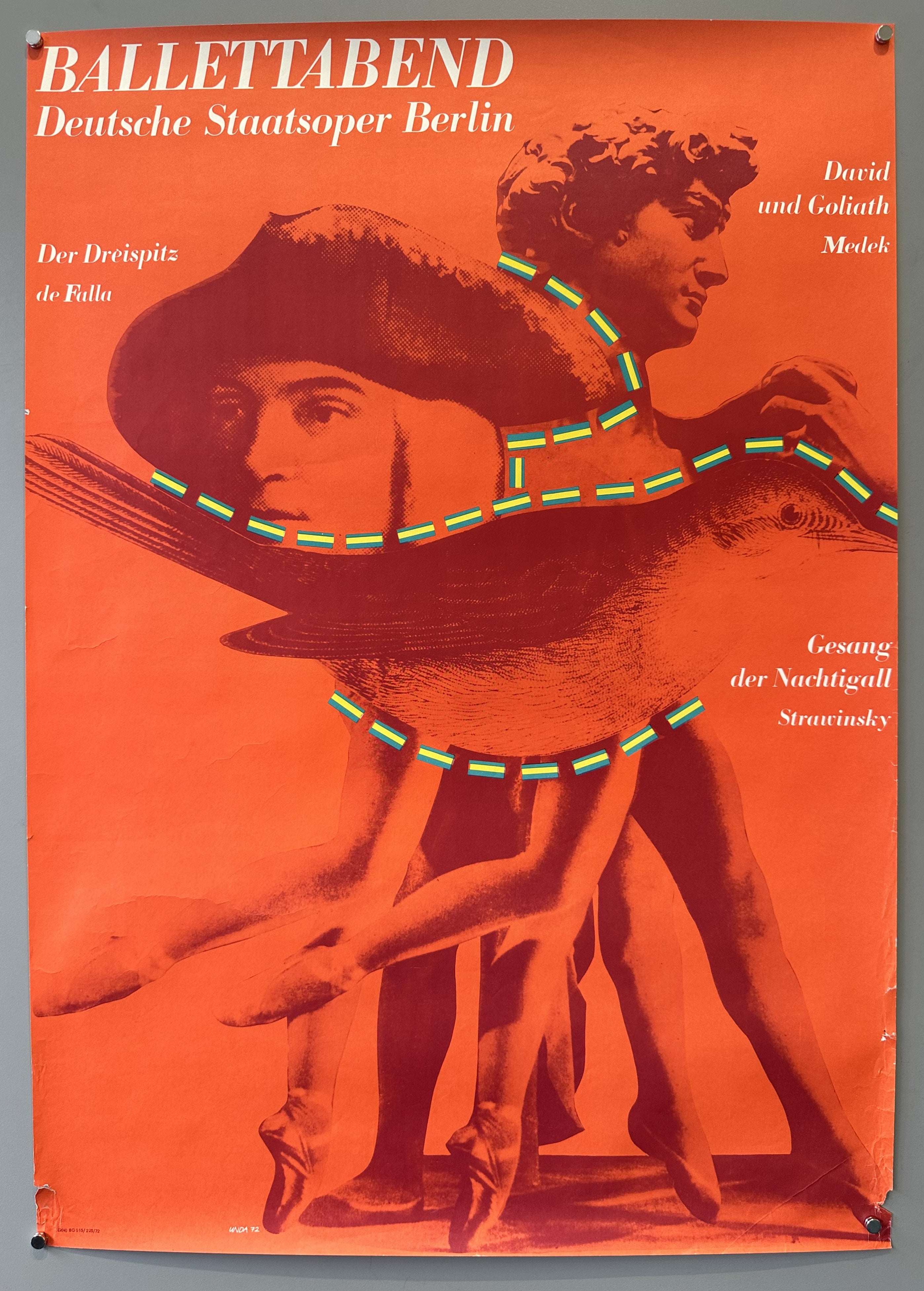 A poster for a ballet performance at the Deutsche Staatsoper Berlin, featuring three dancers in stylized poses.