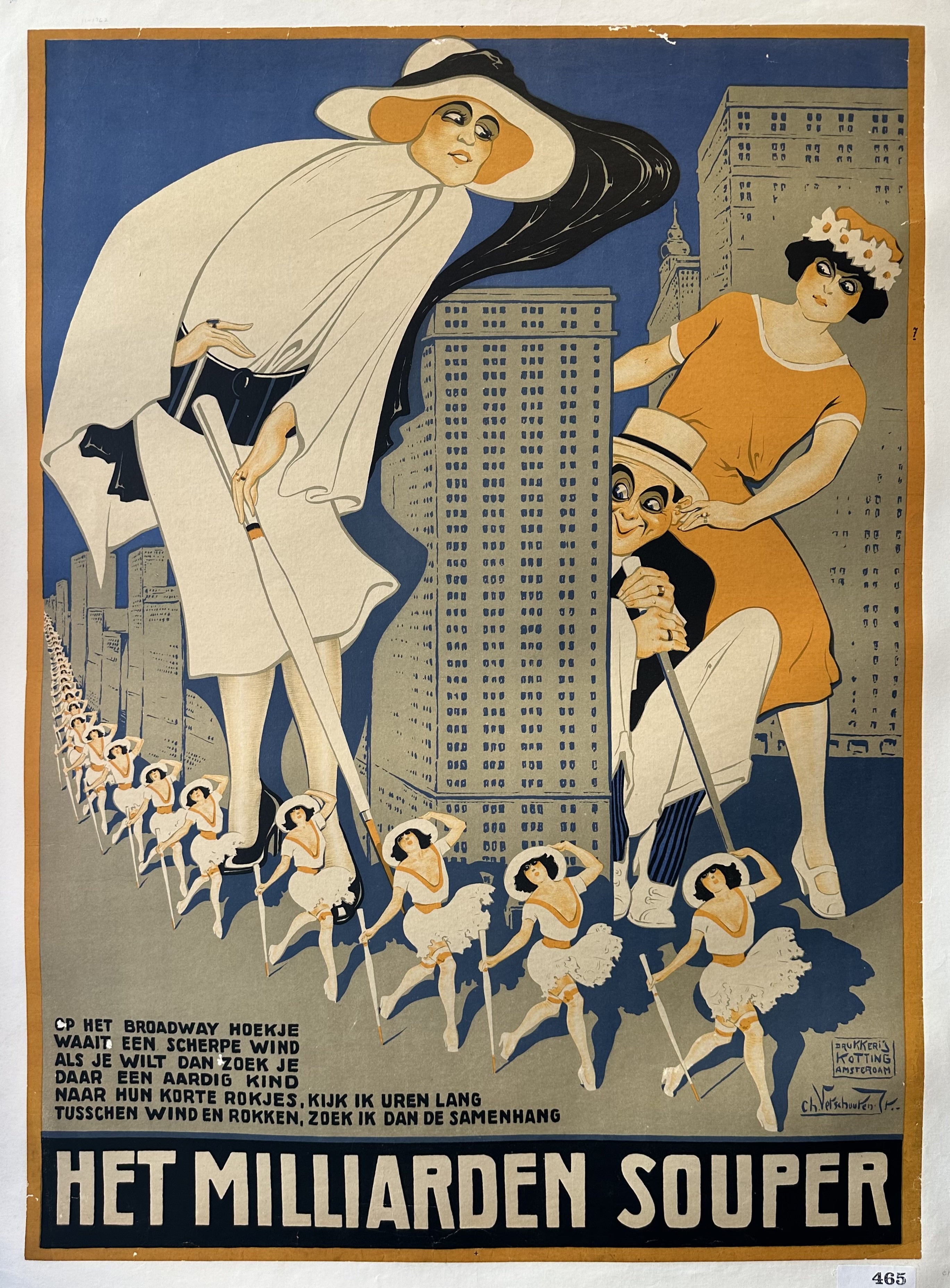 A vintage poster by Charles Verschuuren for "Het Millioarden Souper," featuring women in short skirts in a windy city setting.