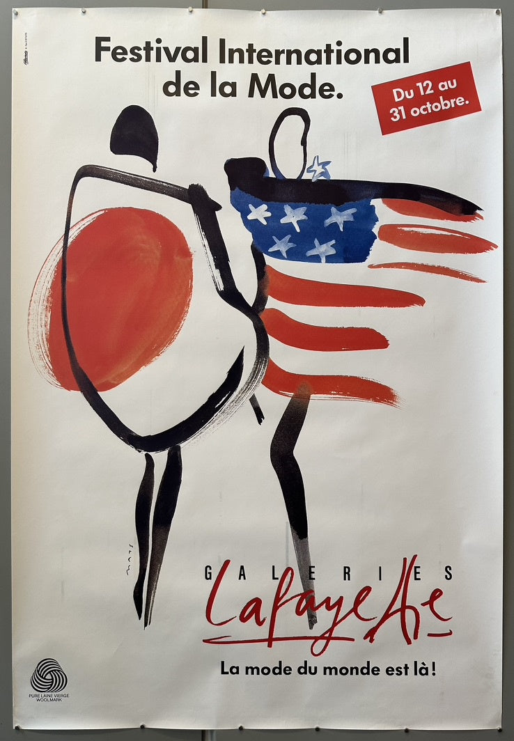 This poster advertises the "Festival International de la Mode" (International Fashion Festival) held at Galeries Lafayette, a renowned French department store