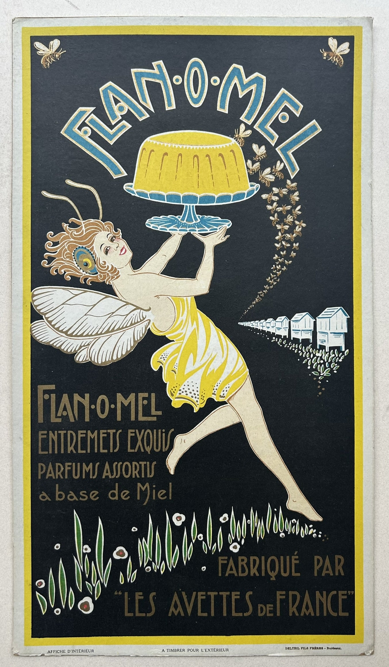 Vintage French advertisement poster for Flan-O-Mel dessert, featuring a fairy carrying a large, yellow flan. Text says 'Flan-O-Mel Entremets Exquis Parfums Assortis a base de Miel. Fabriqué par Les Avettes de France'