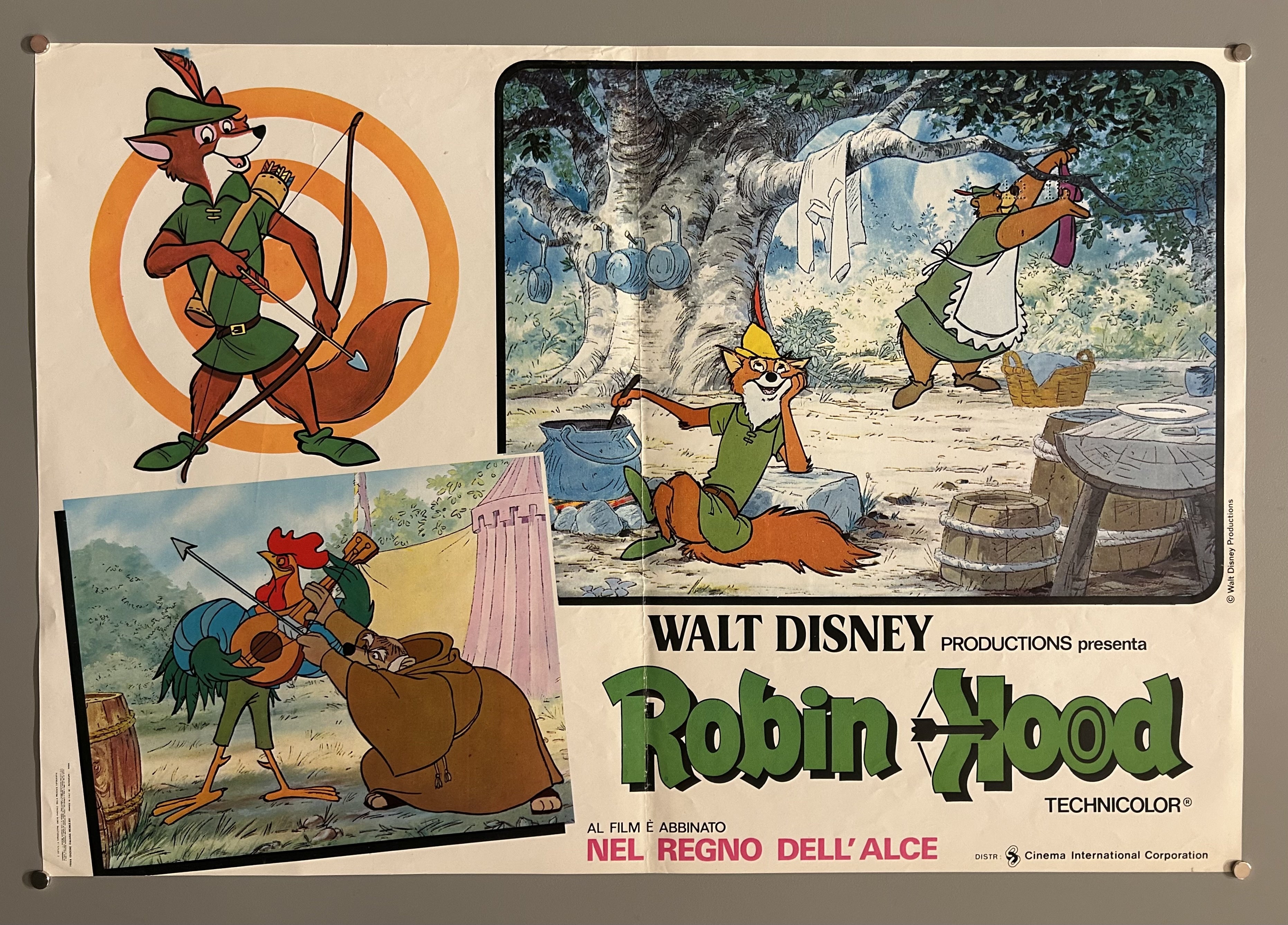 Italian film poster for cartoon Robin Hood featuring titular character in various scenes.
