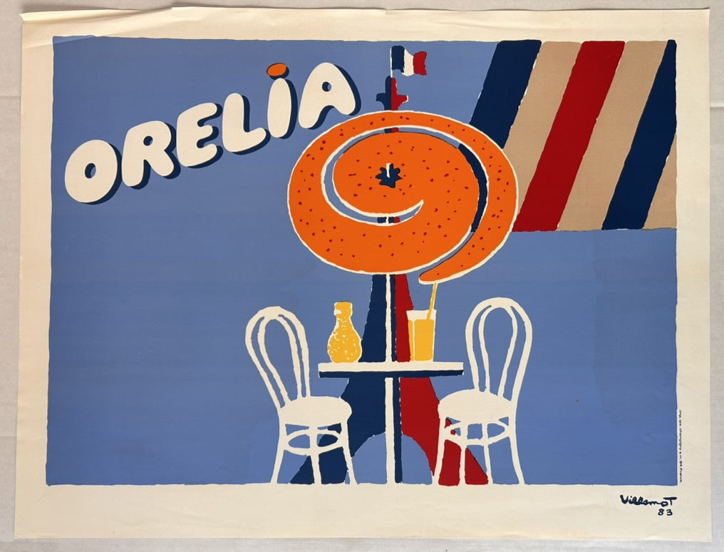 The poster depicts an advertisement for Orelia, an offshoot brand of the well-known French citrus beverage, Orangina. Designed by renowned French graphic artist Bernard Villemot around 1983,
