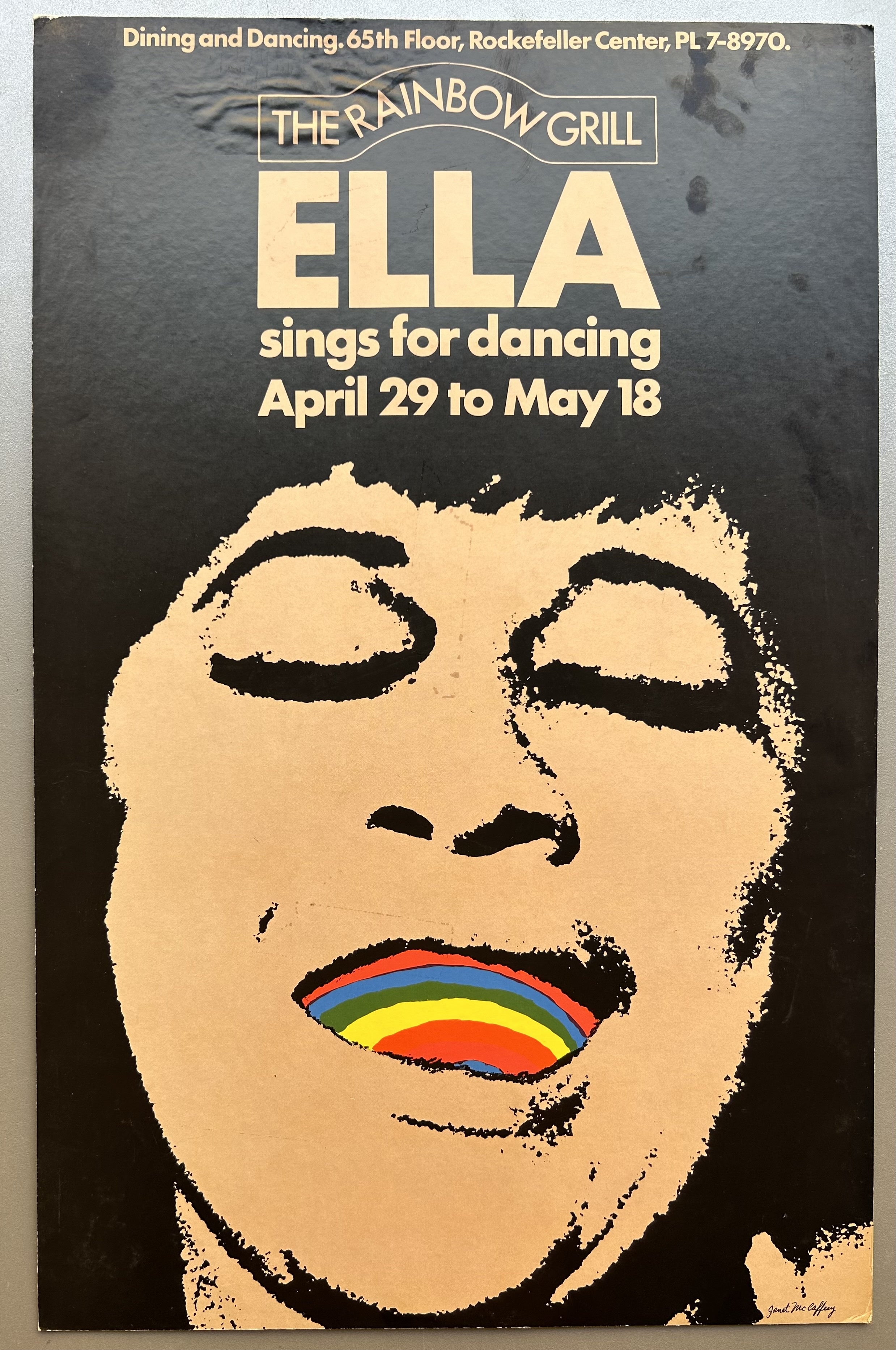 Inversed black and white photo of Ella Fitzgerald with a rainbow in her mouth to promote her performance at The Rainbow Grill.