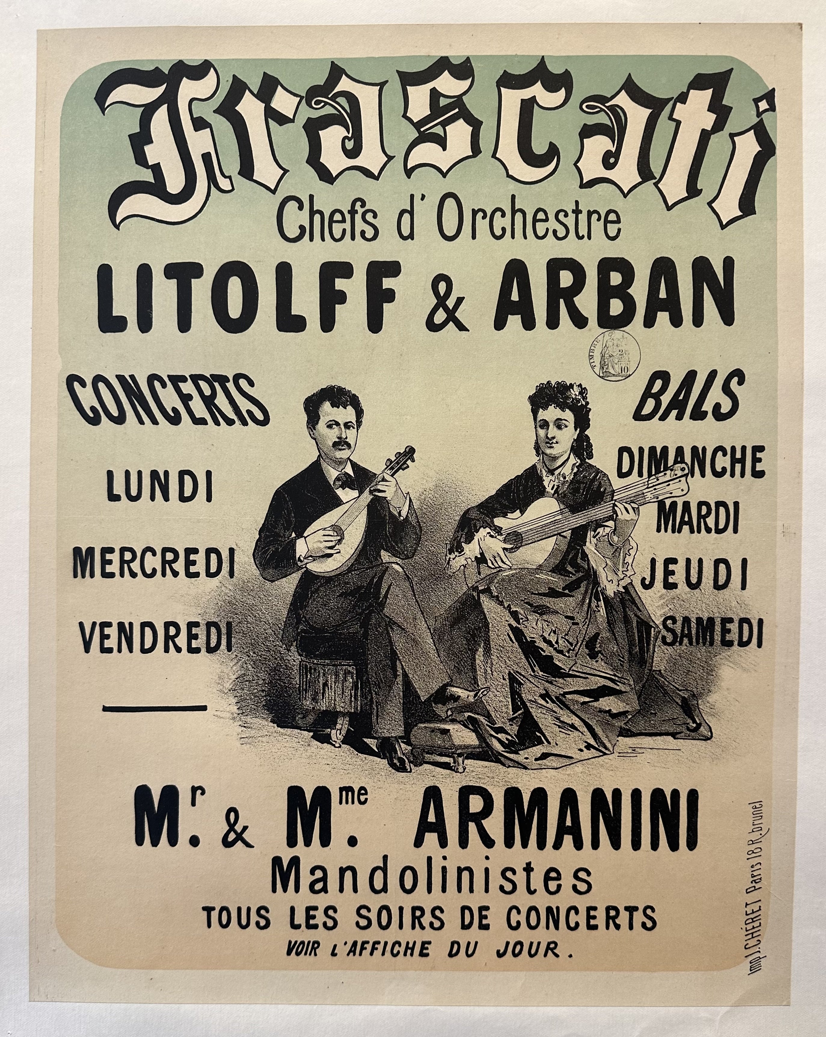 A vintage poster advertising concerts and balls at Frascati featuring the mandolinists Mr. & Mme. Armanini.