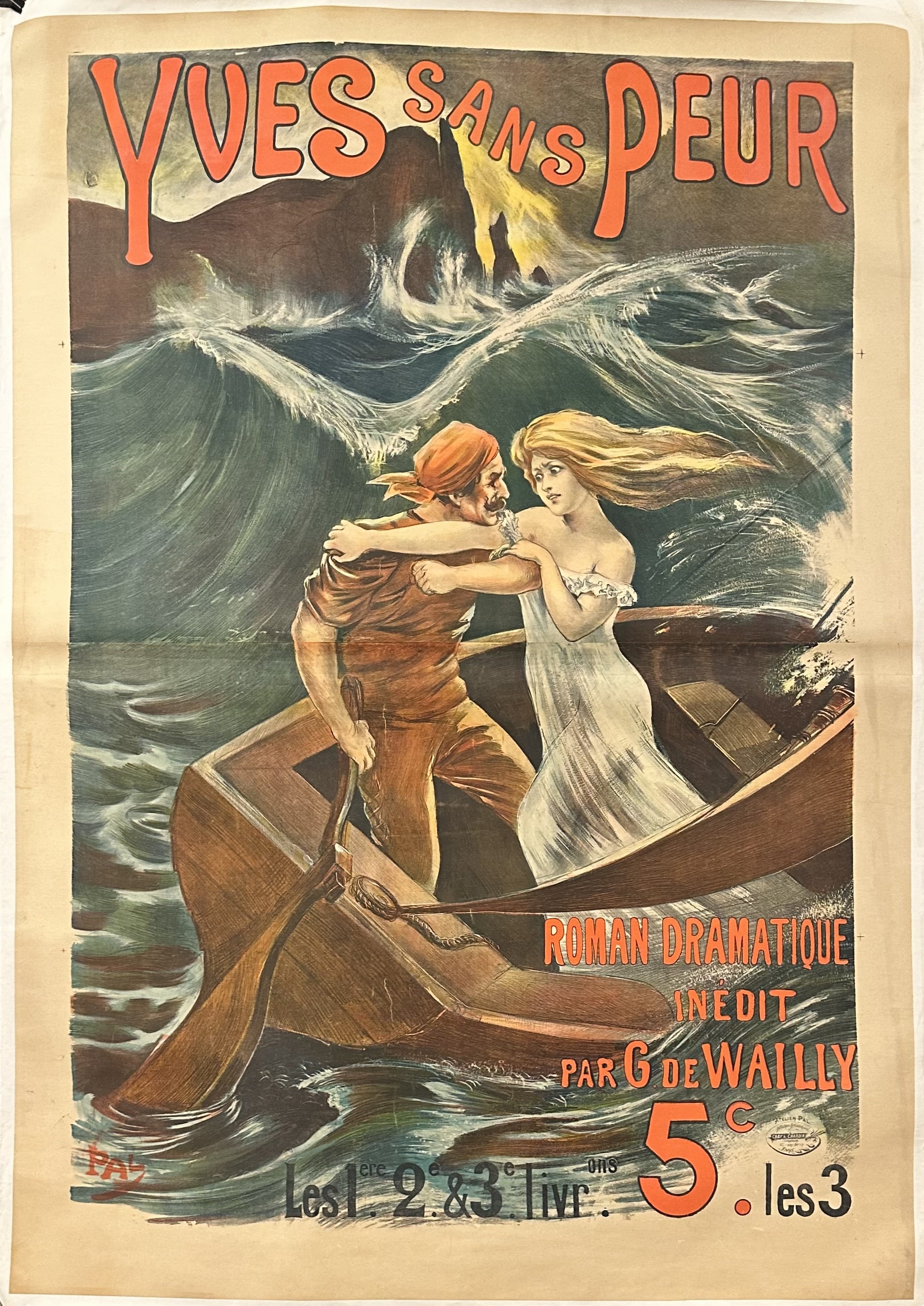 A woman holds a man back in a boat during a storm for this vintage book advertising poster.