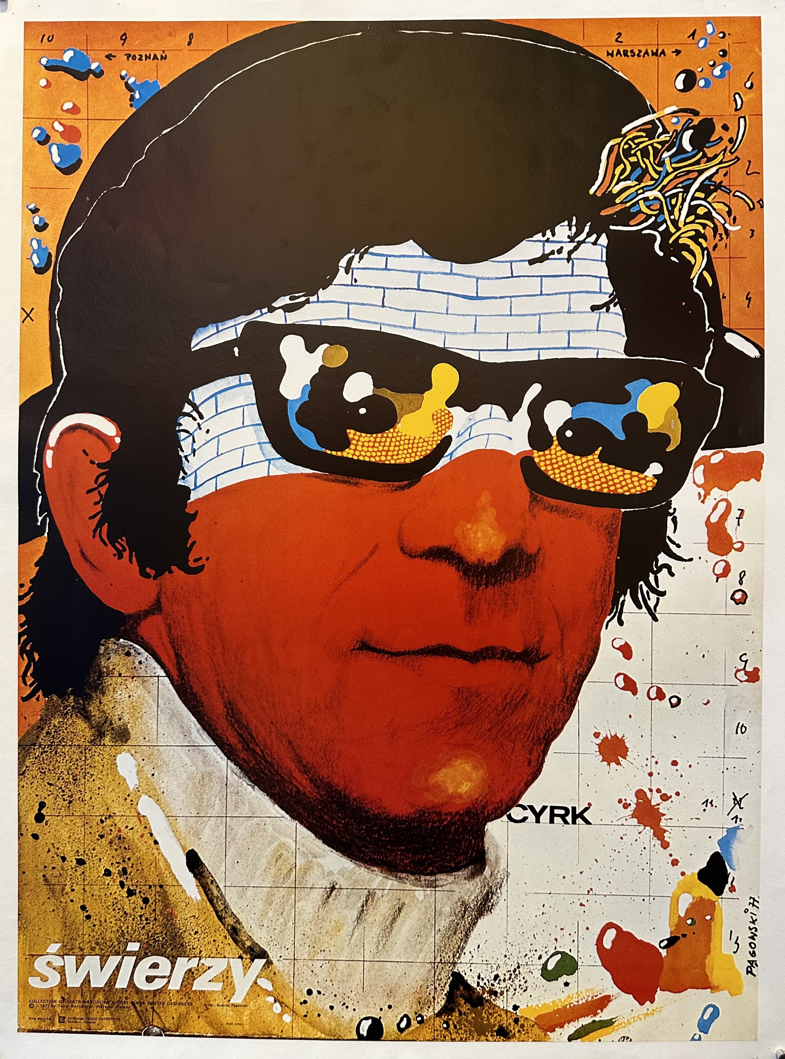 An abstract portrait of a man with glasses is the focal point of this Polish Cyrk poster.