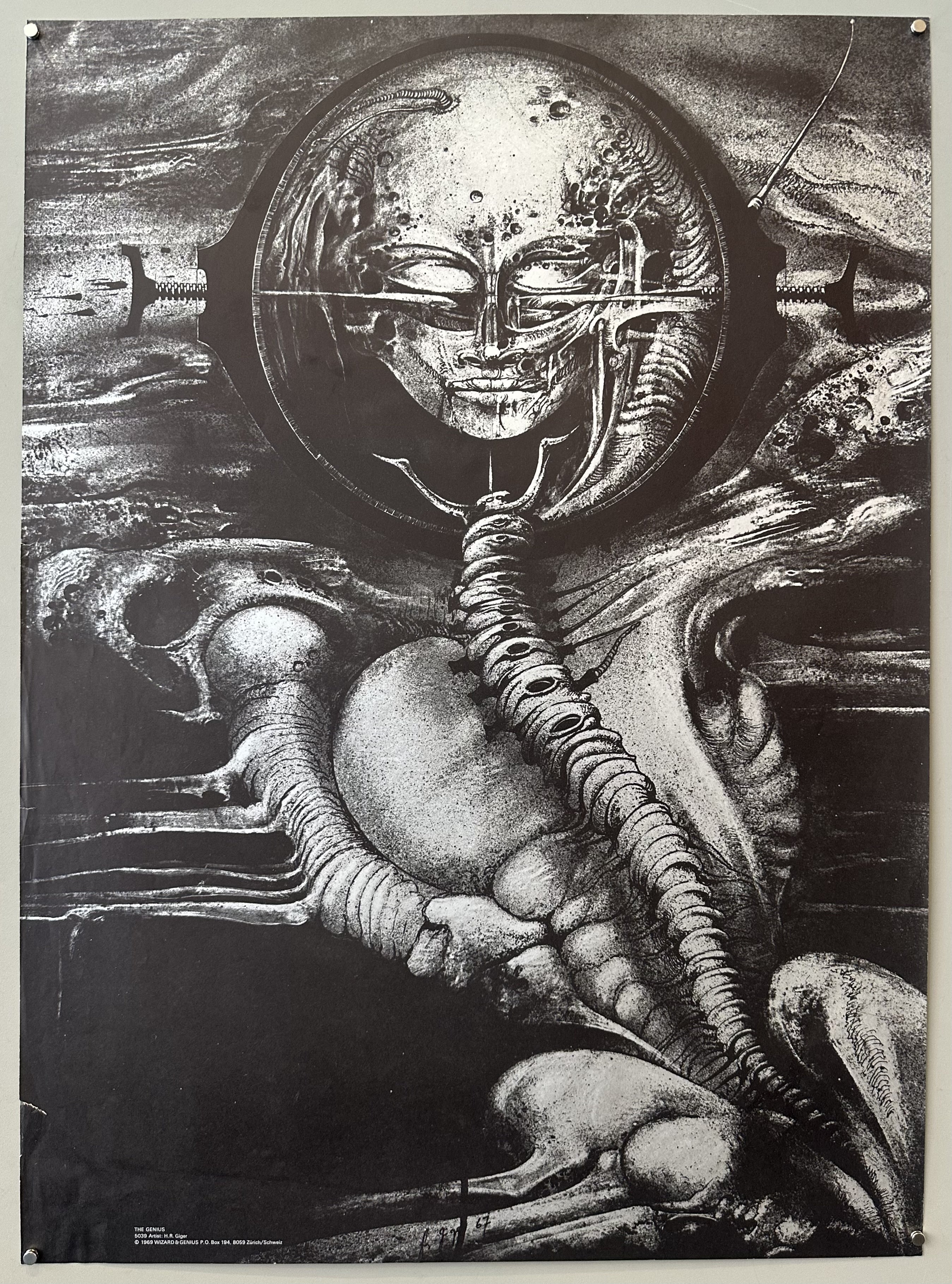 The creator of this artwork is the renowned Swiss artist H.R. Giger, known for his distinctive biomechanical style and his work on the creature design for the film Alien.