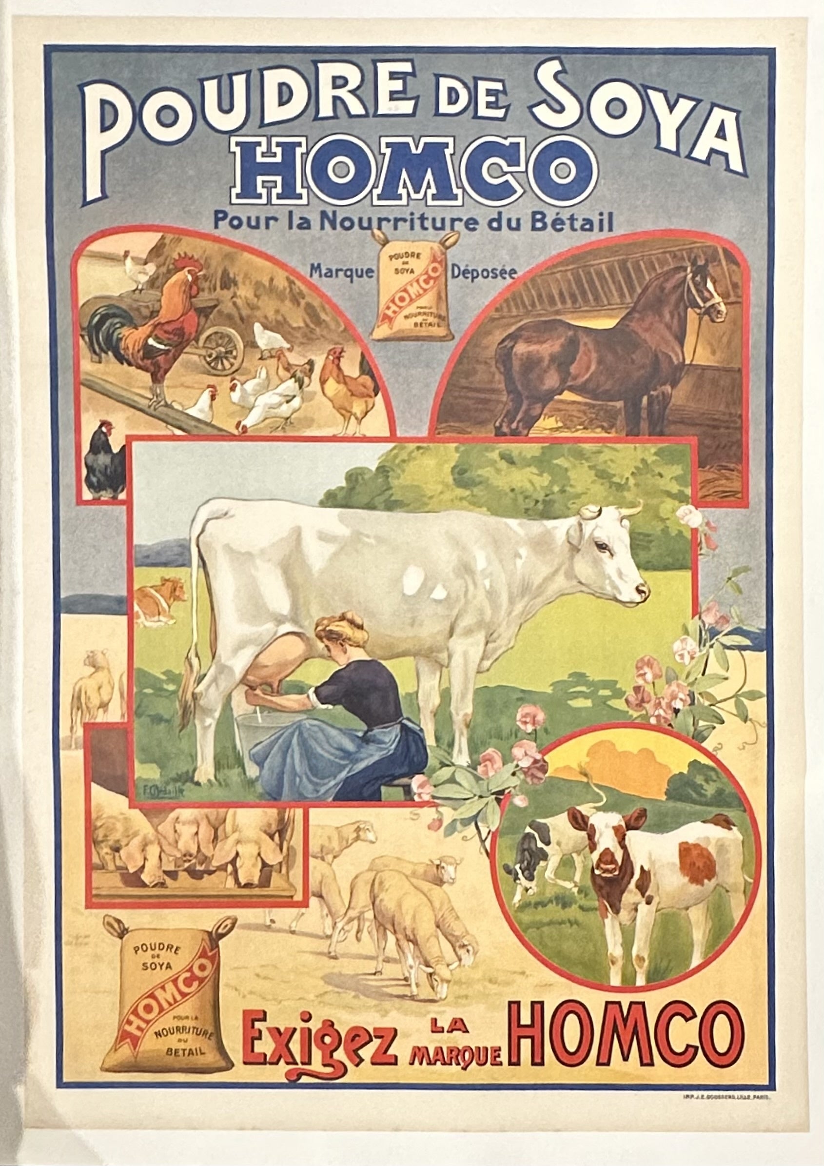 Large poster with various illustrations of farm animals and blue and red text above and below.