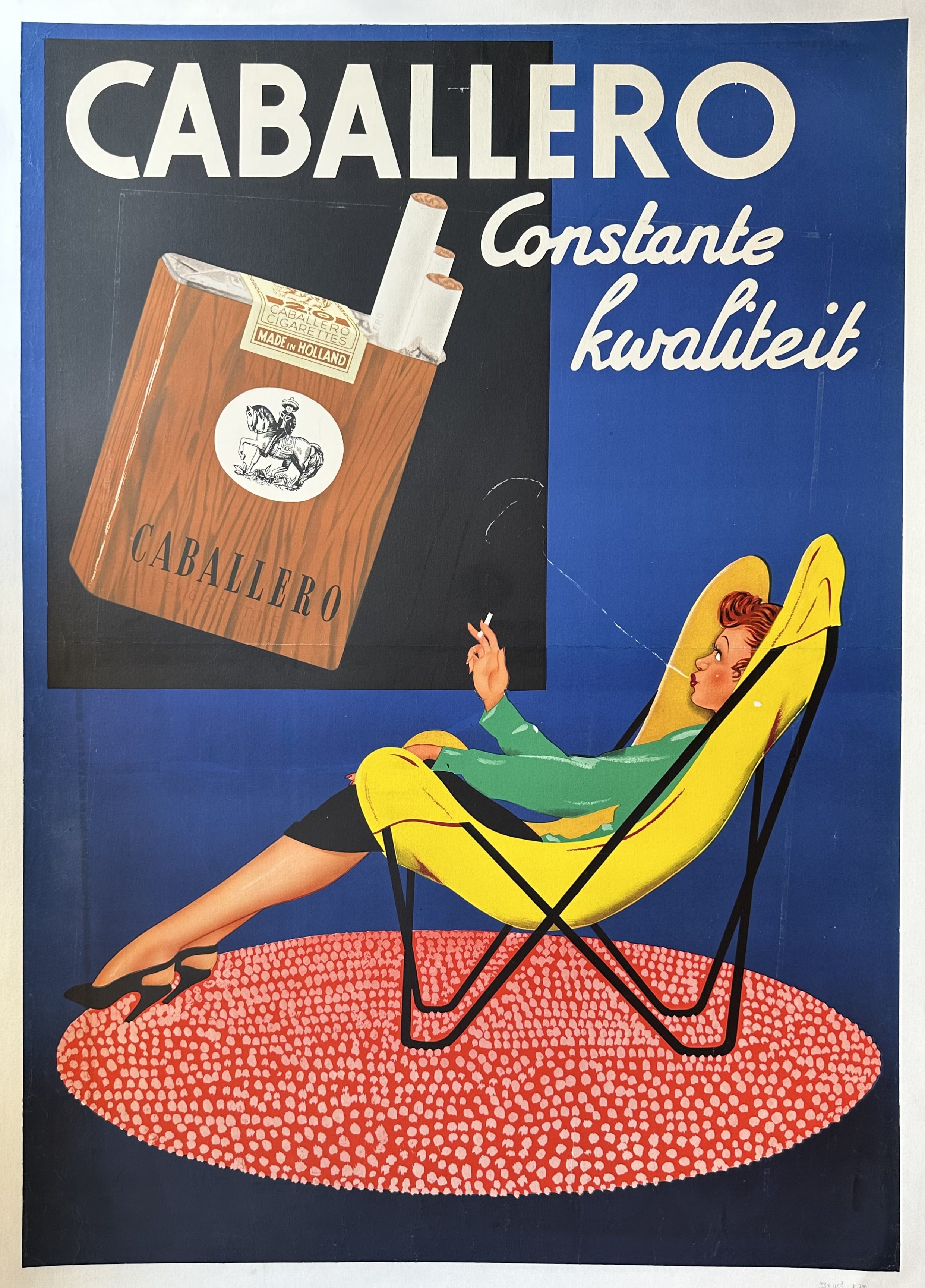 Advertisement for Caballero cigarettes featuring a woman sitting in a chair, smoking a cigarette. The text reads 'Caballero, Constante kwaliteit, Made in Holland'.