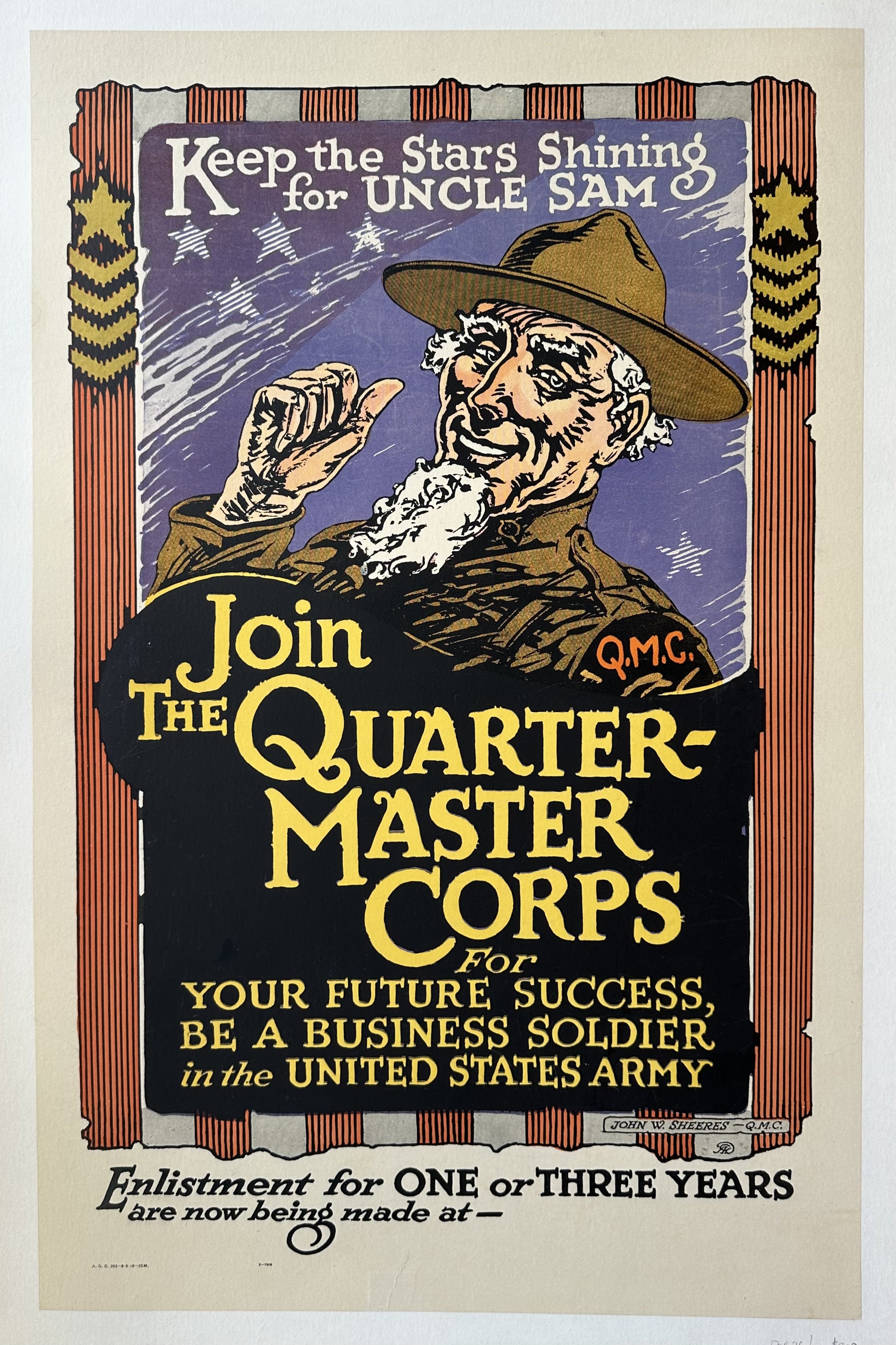 vintage World War I recruitment poster for the U.S. Army Quartermaster Corps. It features Uncle Sam, dressed as a Quartermaster soldier, pointing upwards with the text "Keep the Stars Shining for Uncle Sam.".