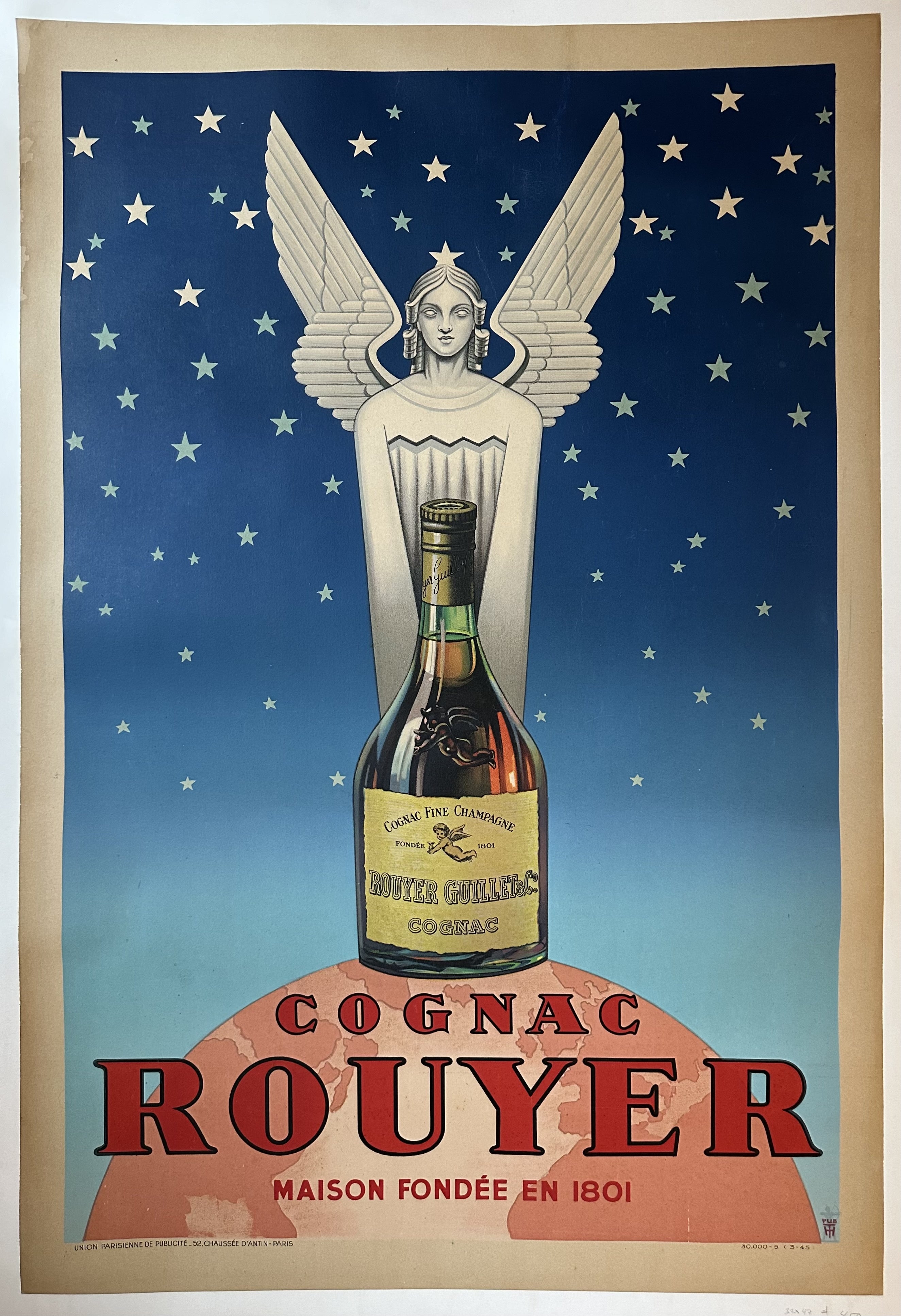 vintage poster advertising Cognac Rouyer, a French brandy. A winged figure holds a bottle of the cognac against a starry night sky and above a planet.
