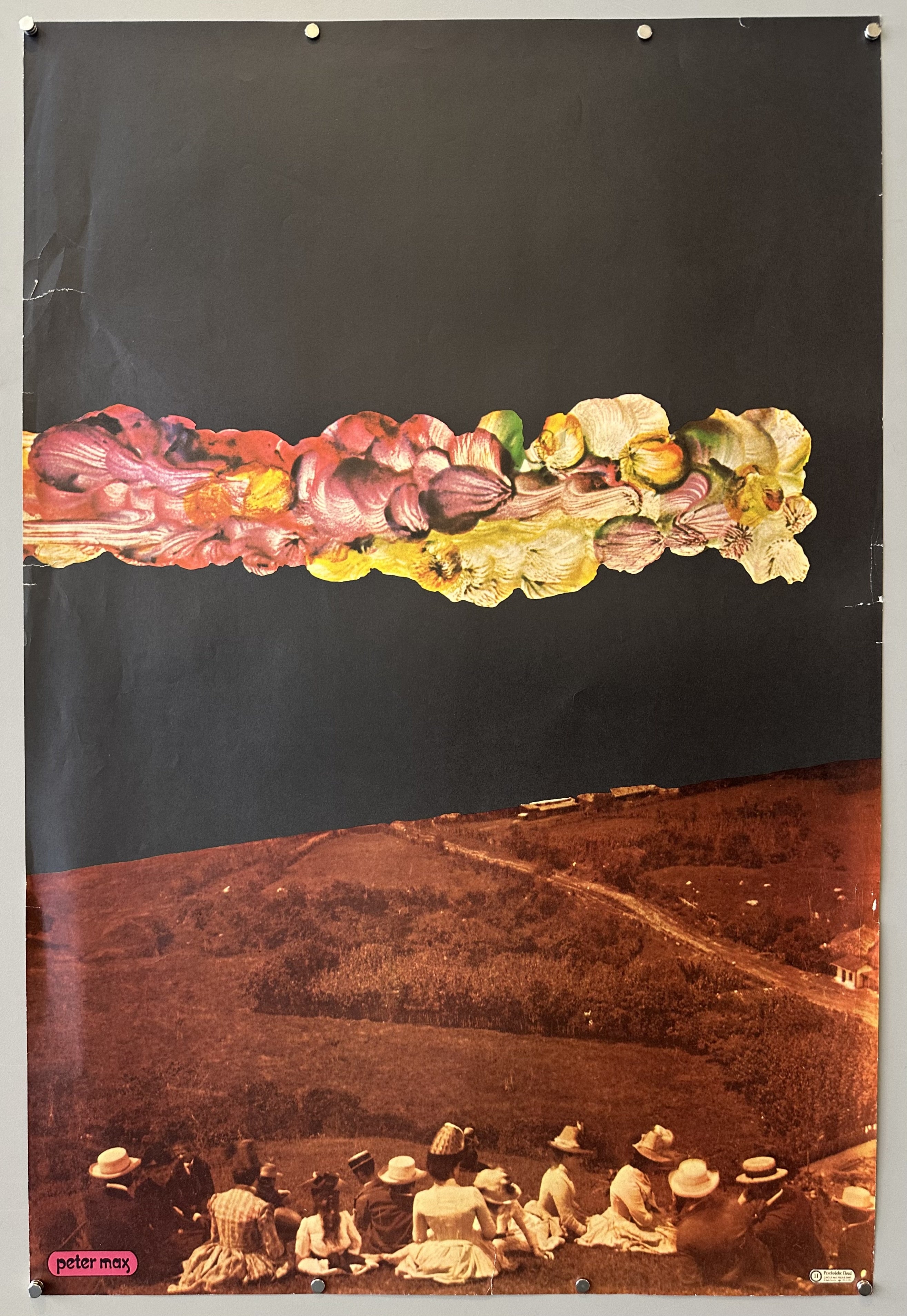 Cosmic cloud against a black background with half a sepia photograph of people in a field.