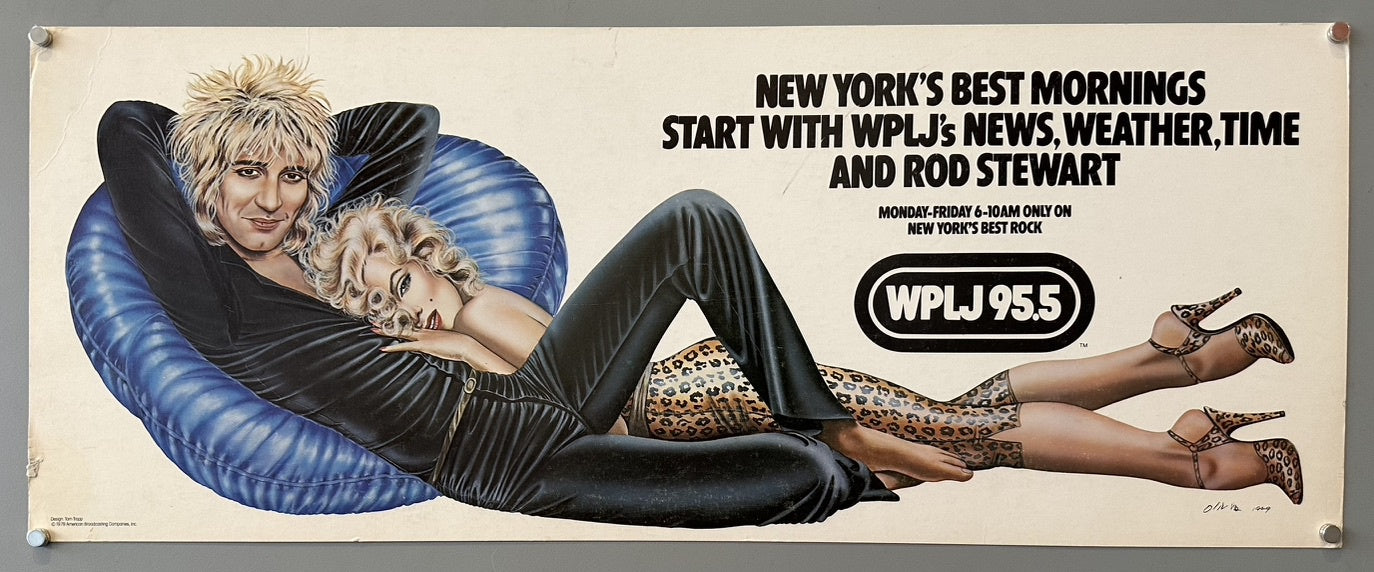 A vintage WPLJ 95.5 radio advertisement features a stylized illustration of Rod Stewart reclining on a blue beanbag chair, with a woman in leopard print attire resting against him. The ad copy reads: "NEW YORK'S BEST MORNINGS START WITH WPLJ'S NEWS, WEATHER, TIME AND ROD STEWART MONDAY-FRIDAY 6-10AM ONLY ON NEW YORK'S BEST ROCK WPLJ 95.5."