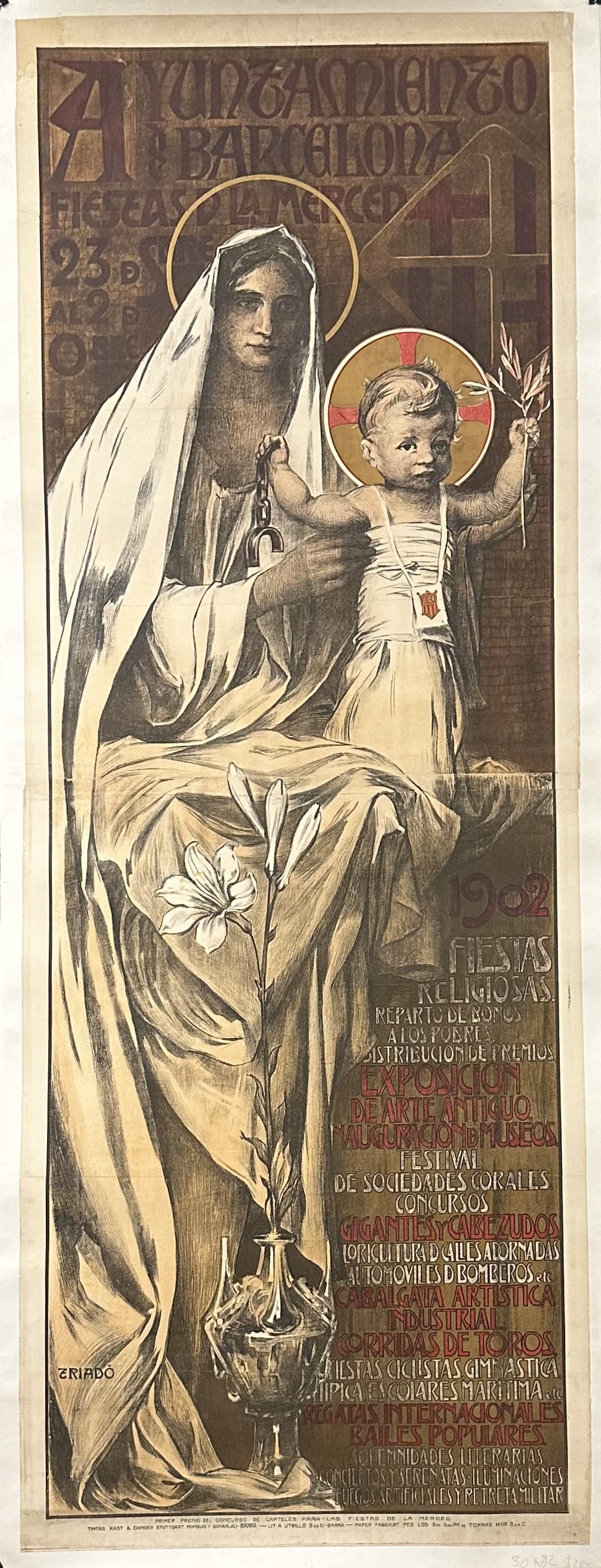 A poster from 1902 advertising the La Mercè festival in Barcelona, Spain, featuring a mother and child surrounded by flowers.