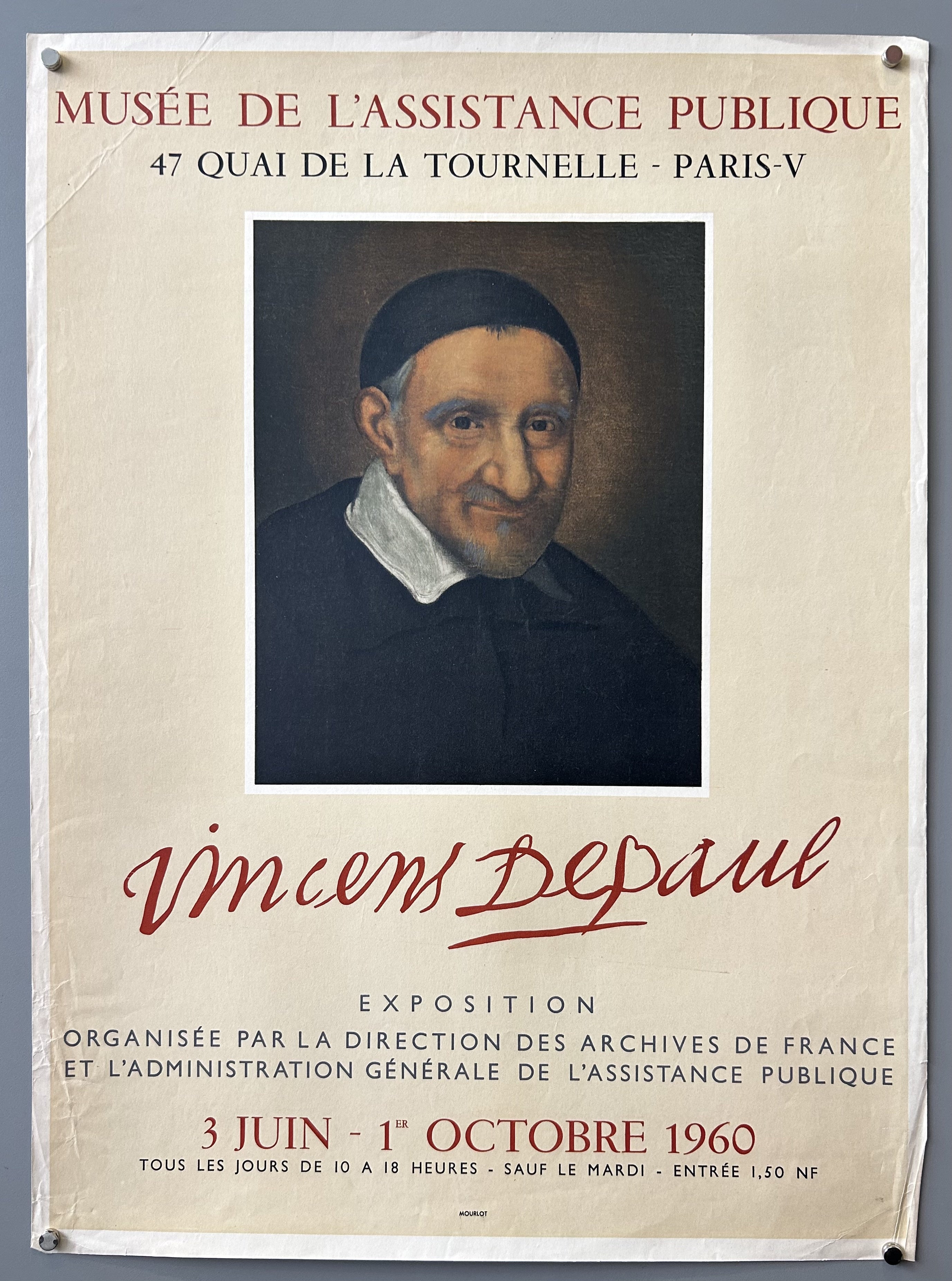 The image is a poster for an exhibition about Saint Vincent de Paul that was held in 1960 at the Musée de l'Assistance Publique in Paris.