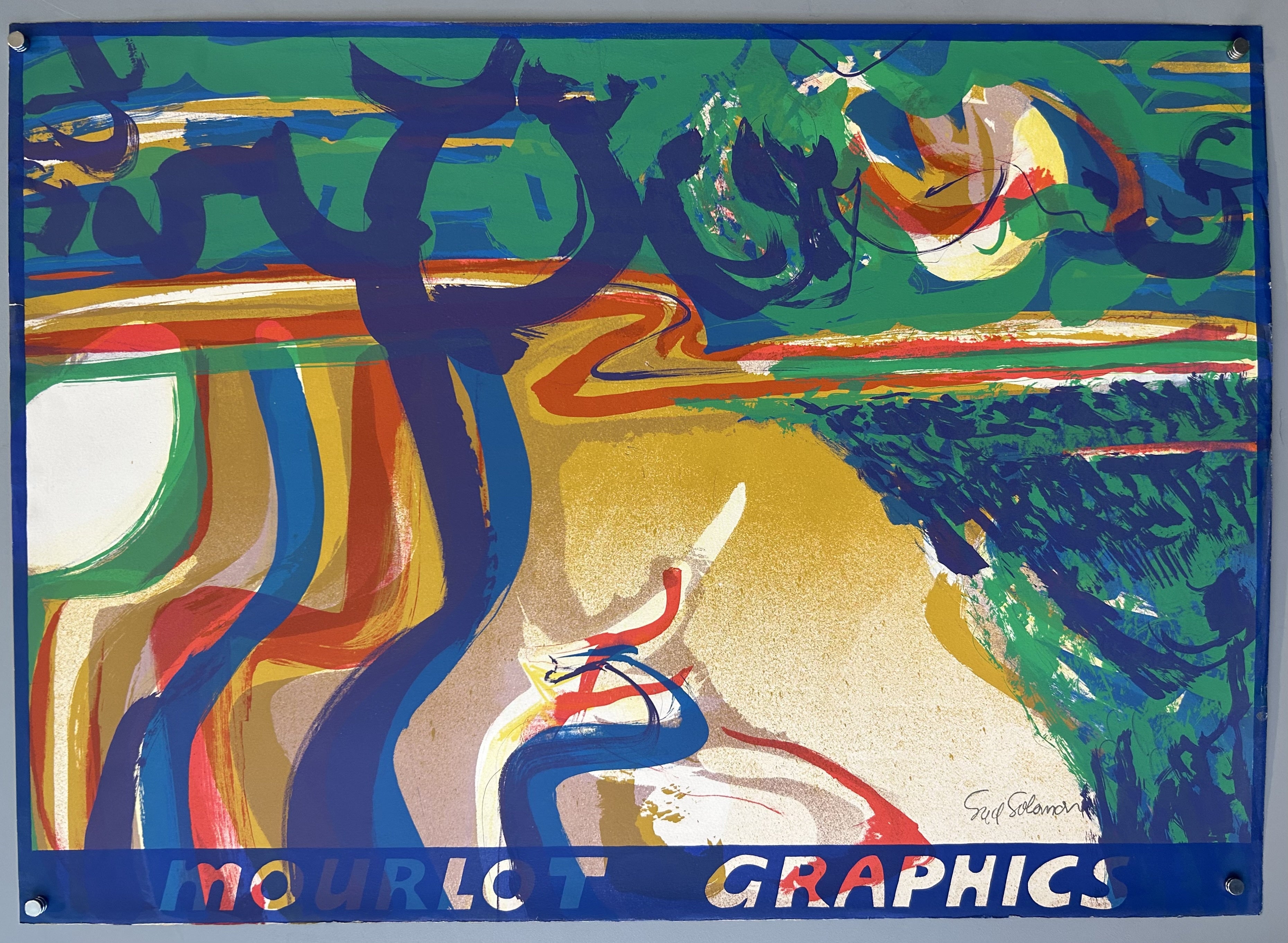 Poster of abstract figural lithograph completed by Syd Solomon with 'Mourlot Graphics' written below.