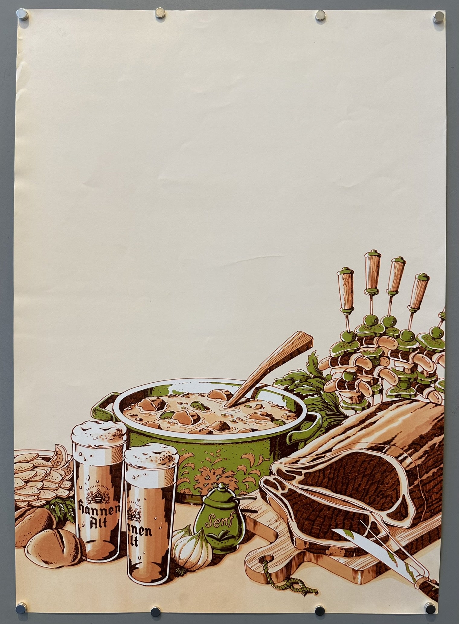 A vintage-style poster depicting a hearty German meal with two steins of beer, a large pot of stew or goulash, a roasted joint of meat, a wooden board with bread and sausages, and a skewer rack with various items.
