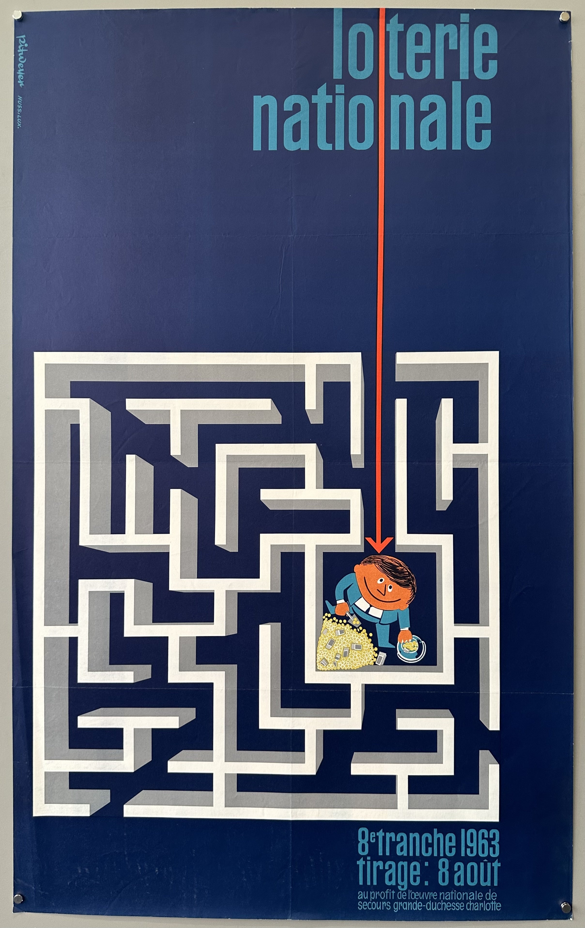Blue poster with light blue text along top and bottom, overhead view of maze in center with cartoon man piling money into bucket.