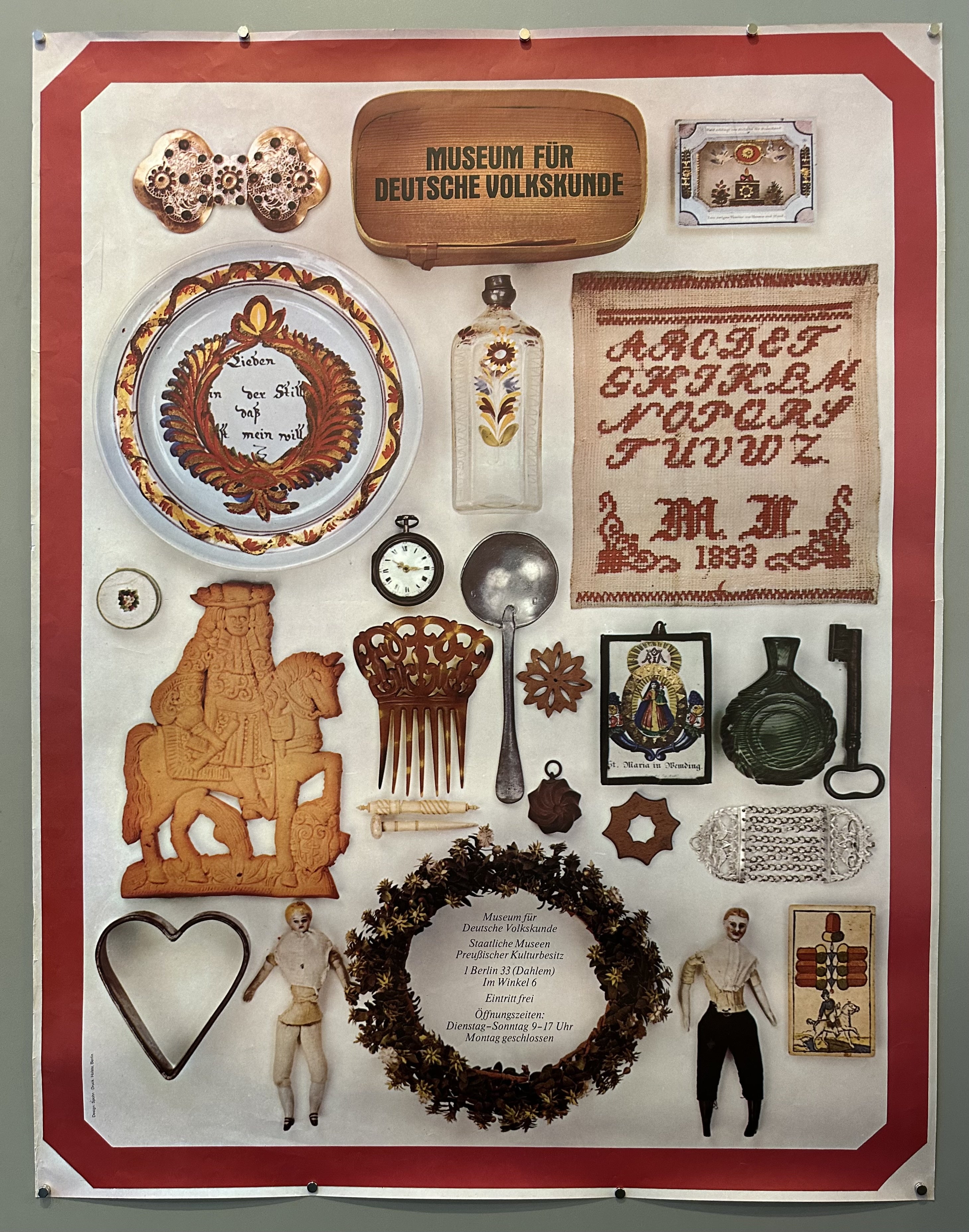 A collection of small trinkets are featured in this poster promoting the German Folklore Museum.