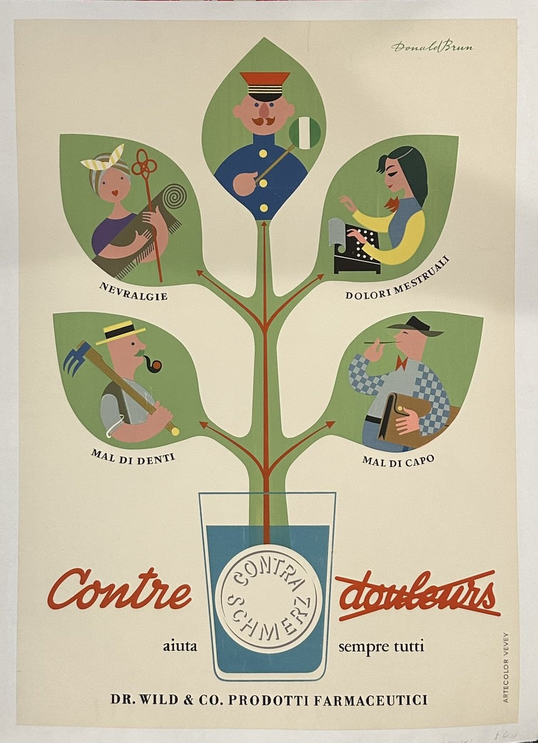 A vintage poster by Donald Brun for Dr. Wild & Co. Prodotti Farmaceutici, titled "Contre douleurs" (Against pains), featuring a central plant-like structure with five leaves, each depicting a stylized figure representing a common ailment: