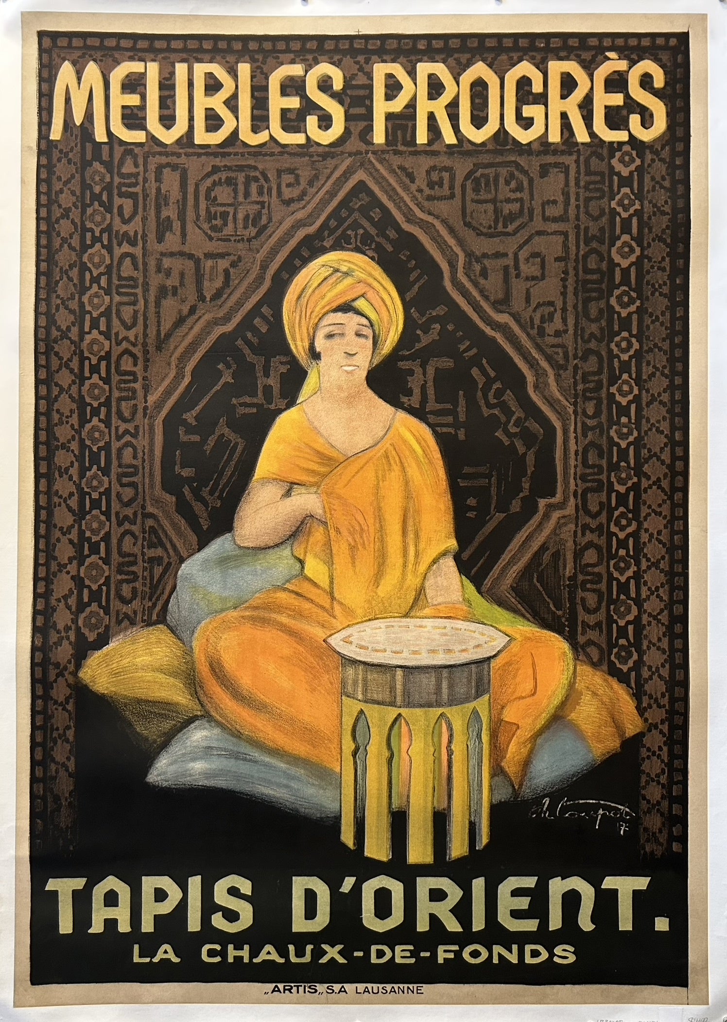 It features a figure, likely an Arab, seated in a relaxed posture before a table, with a detailed and intricate background showcasing the quality of the oriental carpets.