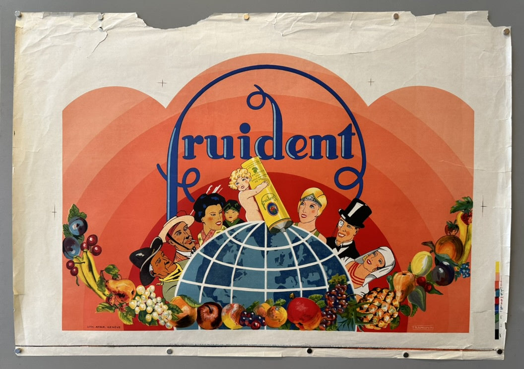 The poster features a colorful and whimsical illustration depicting a cherub holding a tube of Fruident toothpaste, marking the meridians and parallels on a globe. Around the globe, various figures representing different cultures