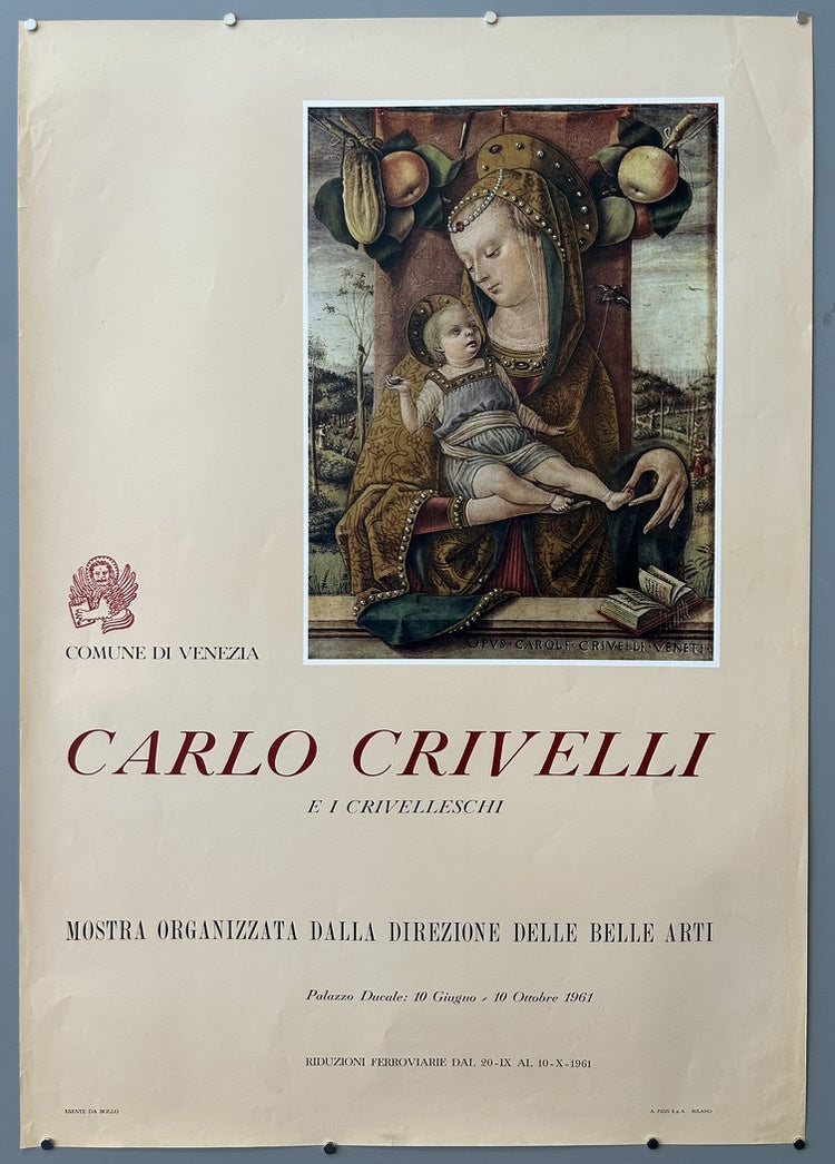 The central image on the poster is a reproduction of Carlo Crivelli's "Madonna and Child," also known as "Madonna della Candeletta" or "Madonna della Rondine".