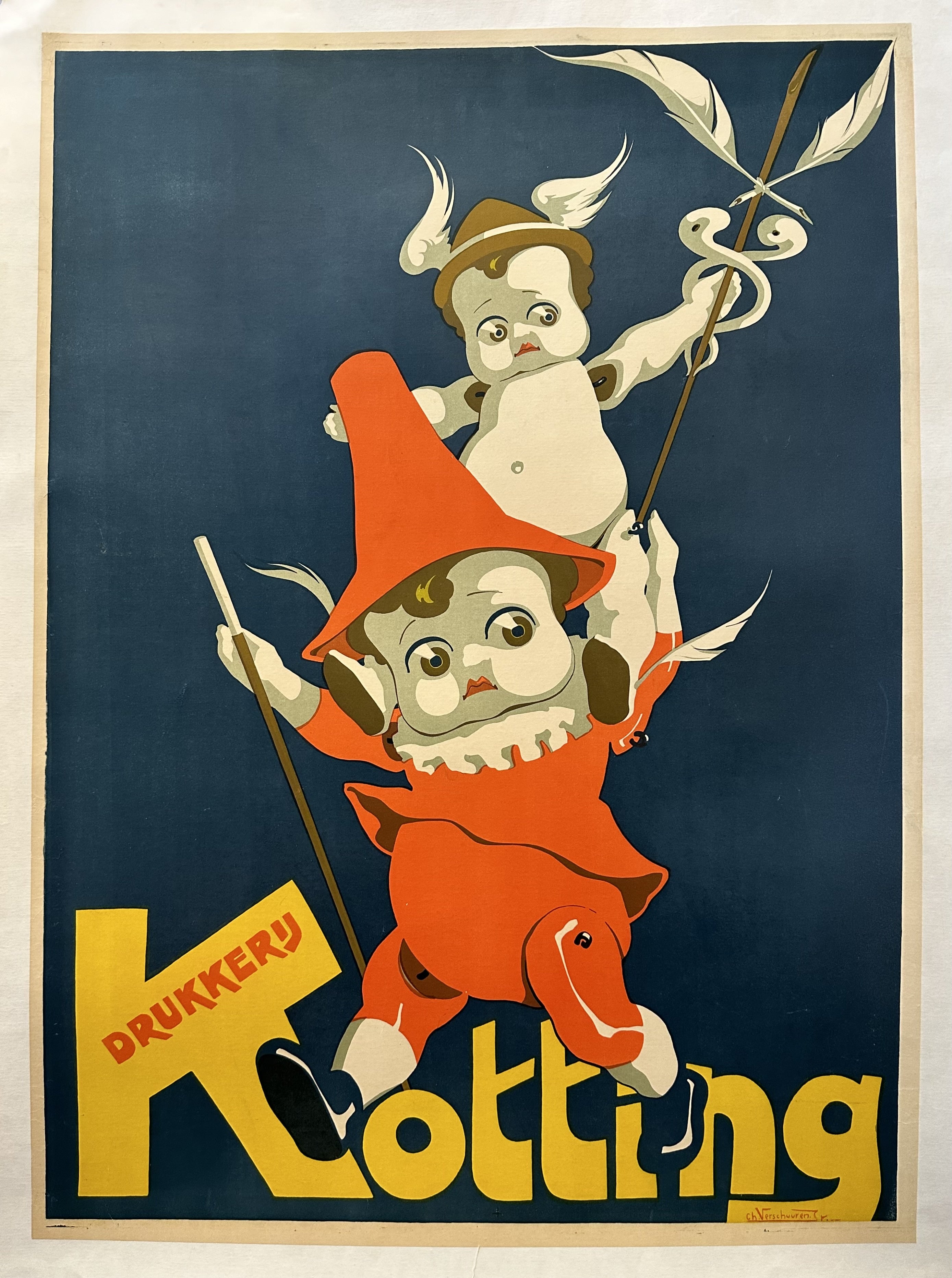 Vintage poster with a cherubic figure riding a whimsical creature, both holding staffs. The text "Drukkerij Knotting" is prominently displayed.