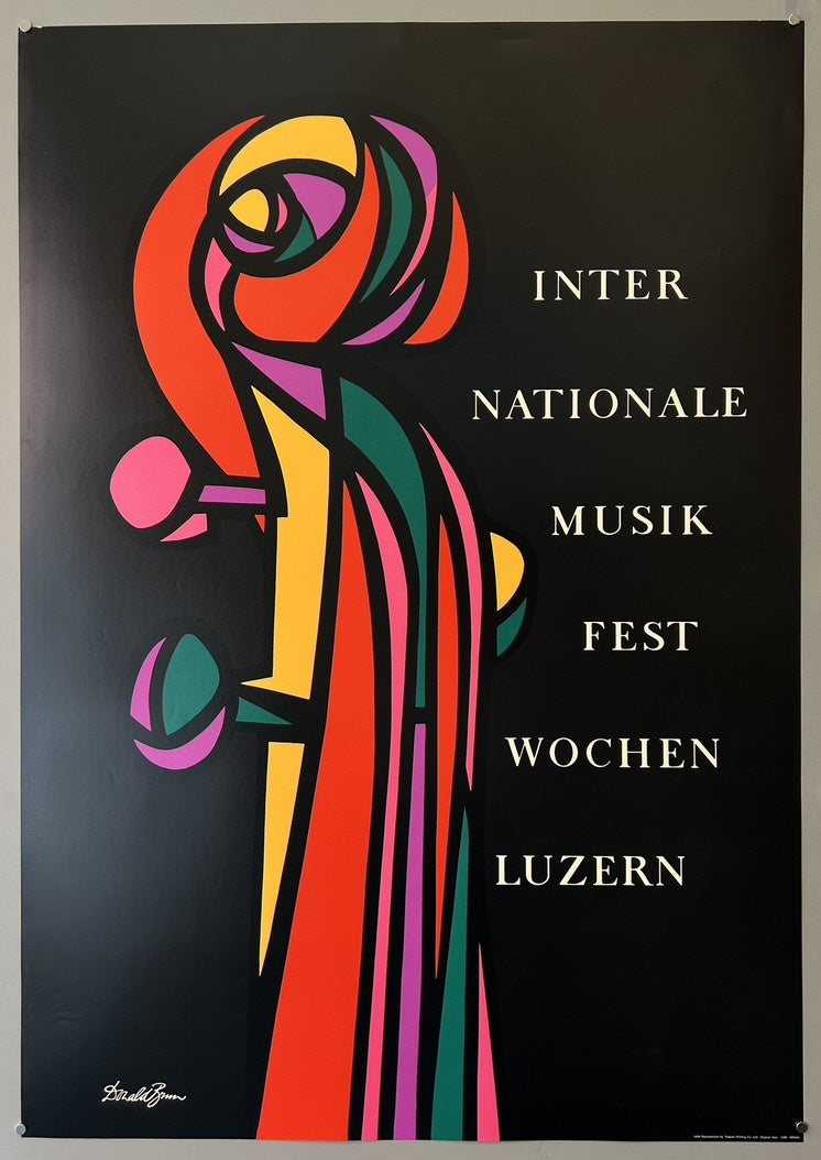This poster advertises the Internationale Musikfestwochen Luzern (International Music Festival Weeks Lucerne), which is now known as the Lucerne Festival. The poster features a colorful, abstract depiction of a violin scroll, symbolizing the musical nature of the event.
