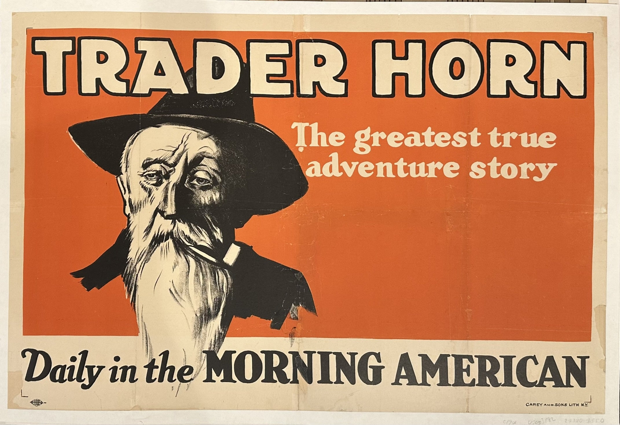 This poster is an advertisement for "Trader Horn", promoting it as "The greatest true adventure story" appearing "Daily in the MORNING AMERICAN".