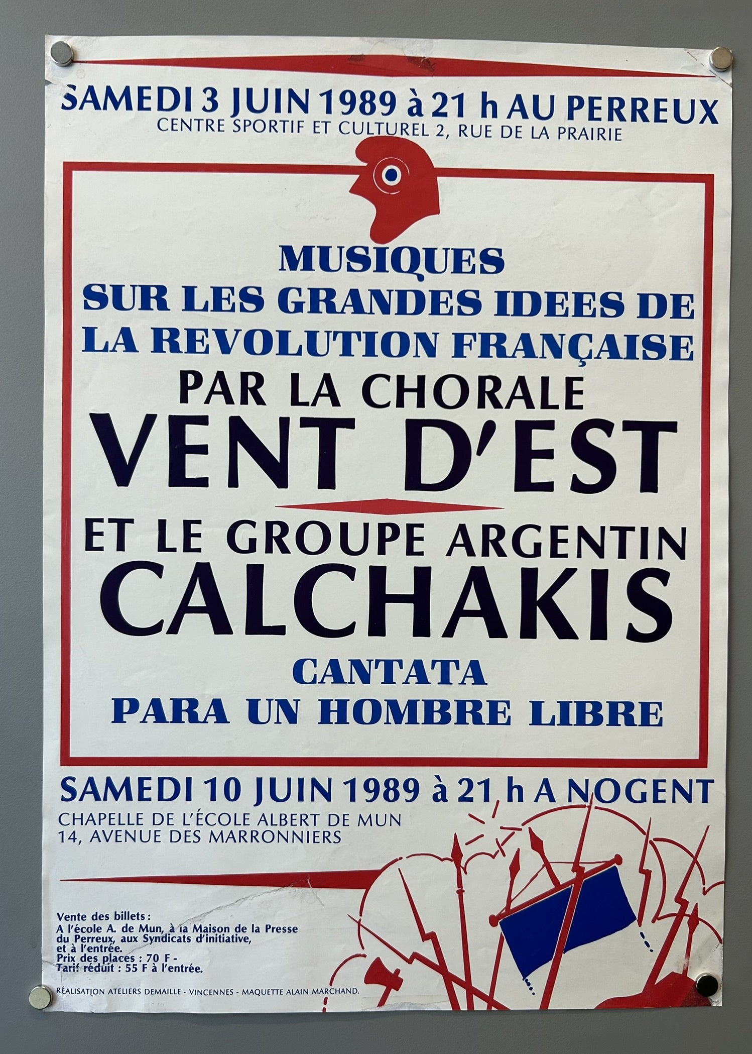 This poster advertises two musical performances titled "Musiques sur les grandes idées de la Révolution Française" (Music on the Great Ideas of the French Revolution) by the choir Vent d'Est and the Argentinian group Calchakis, performing "Cantata Para un Hombre Libre" (Cantata for a Free Man).