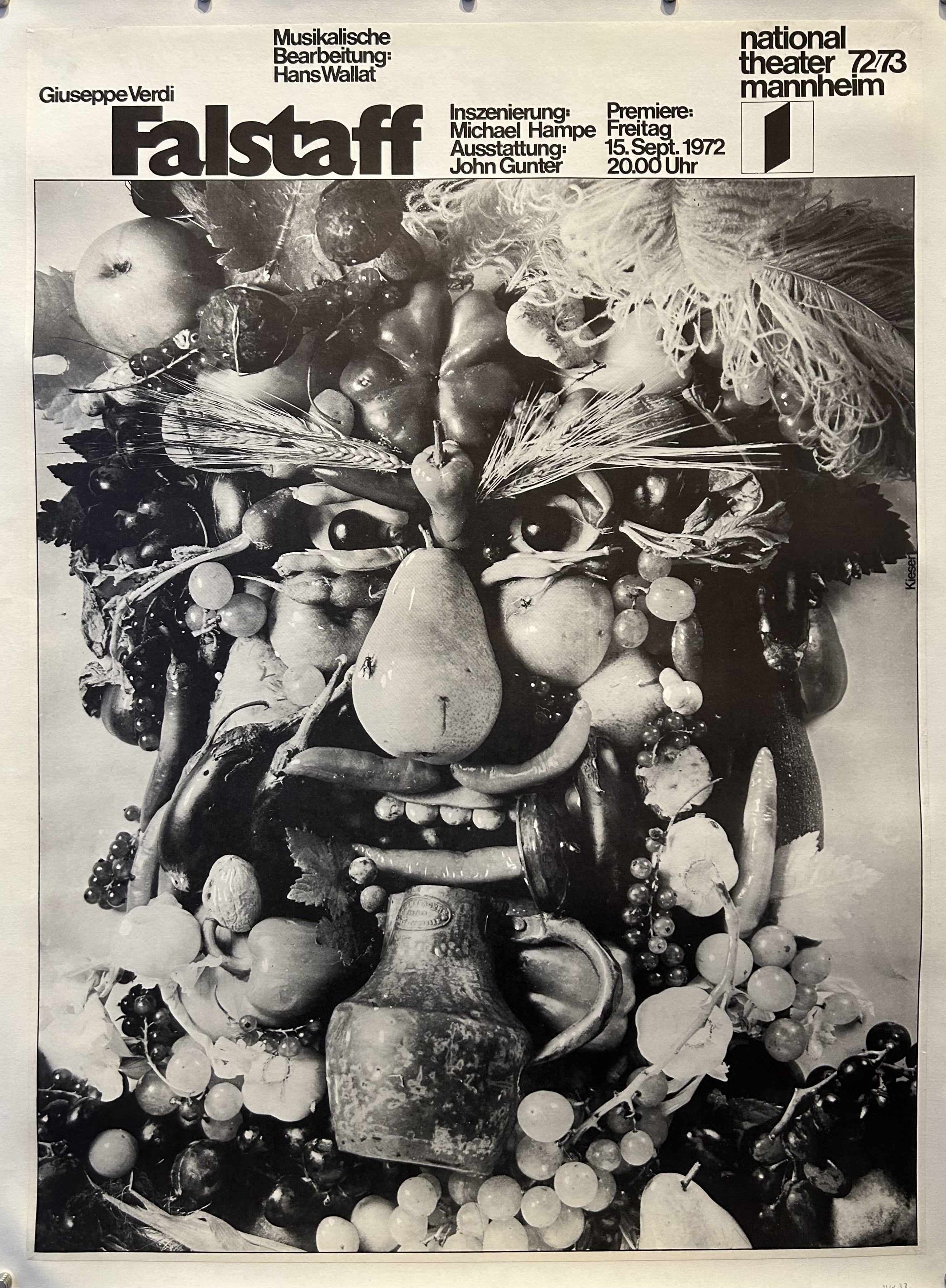 A portrait of a man made out of fruits is at the center of this poster for the National Theater Mannheim's 1972/1973 season.