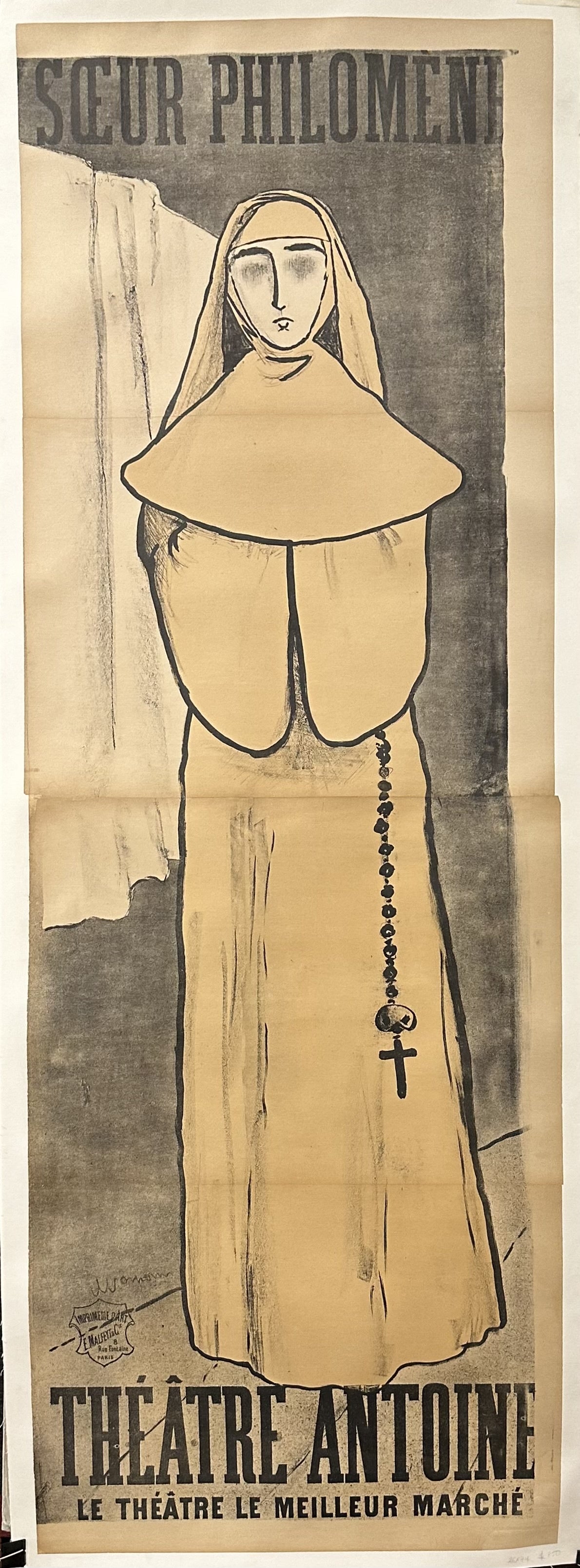 A vintage poster for the play "Soeur Philomene" at the Theatre Antoine in Paris. The poster is in a muted color palette with a simple design. It features a nun, dressed in a black habit, holding a rosary.