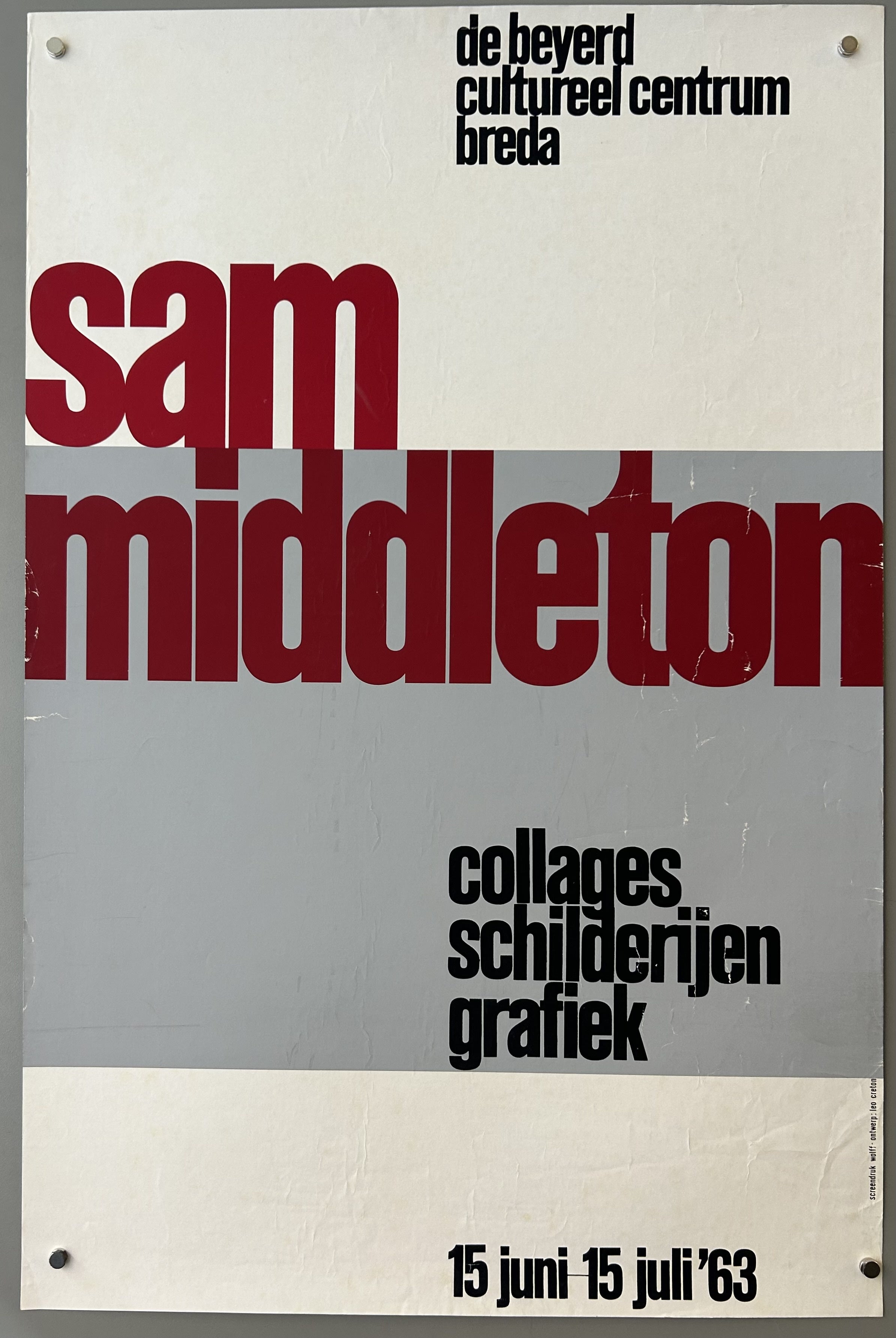 White poster with grey border in middle; red block text for artist's name; black text along top, middle, and bottom