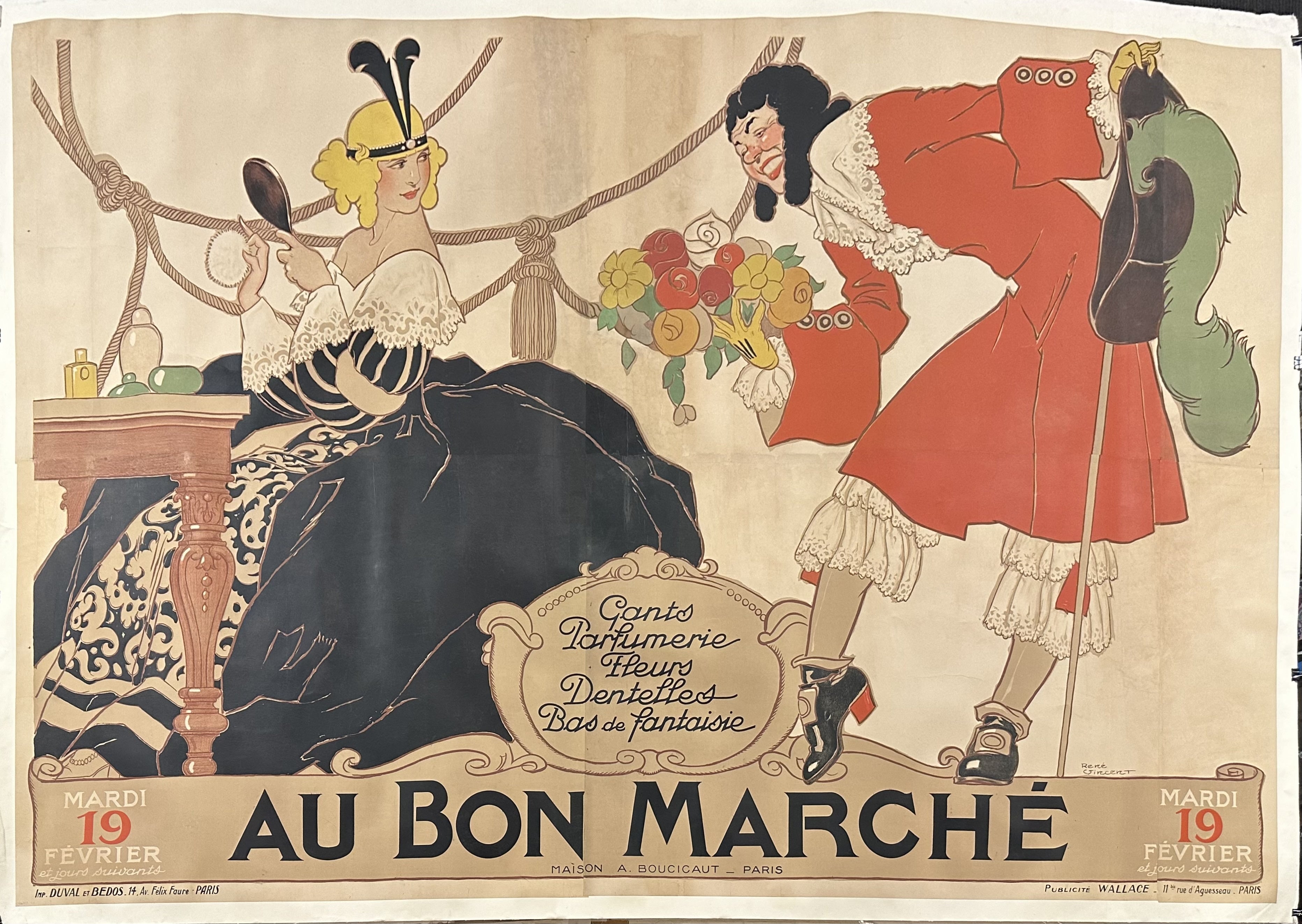 An advertisement for French department store Au Bon Marché featuring a man holding flowers out to a well-dressed woman.