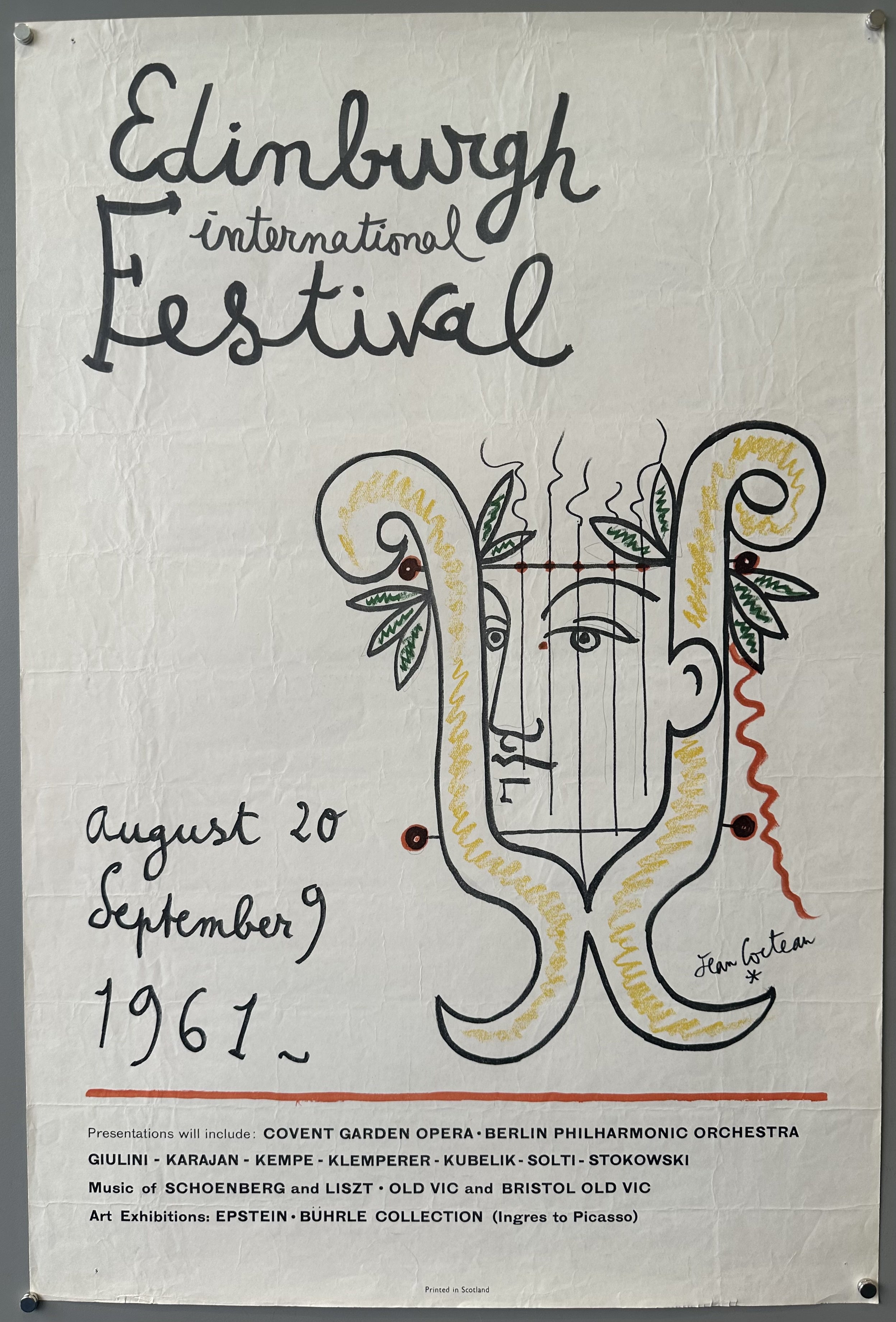 Cursive font against white background with simple line drawing of a harp and a man's face above list of performances and artists included at the Festival.